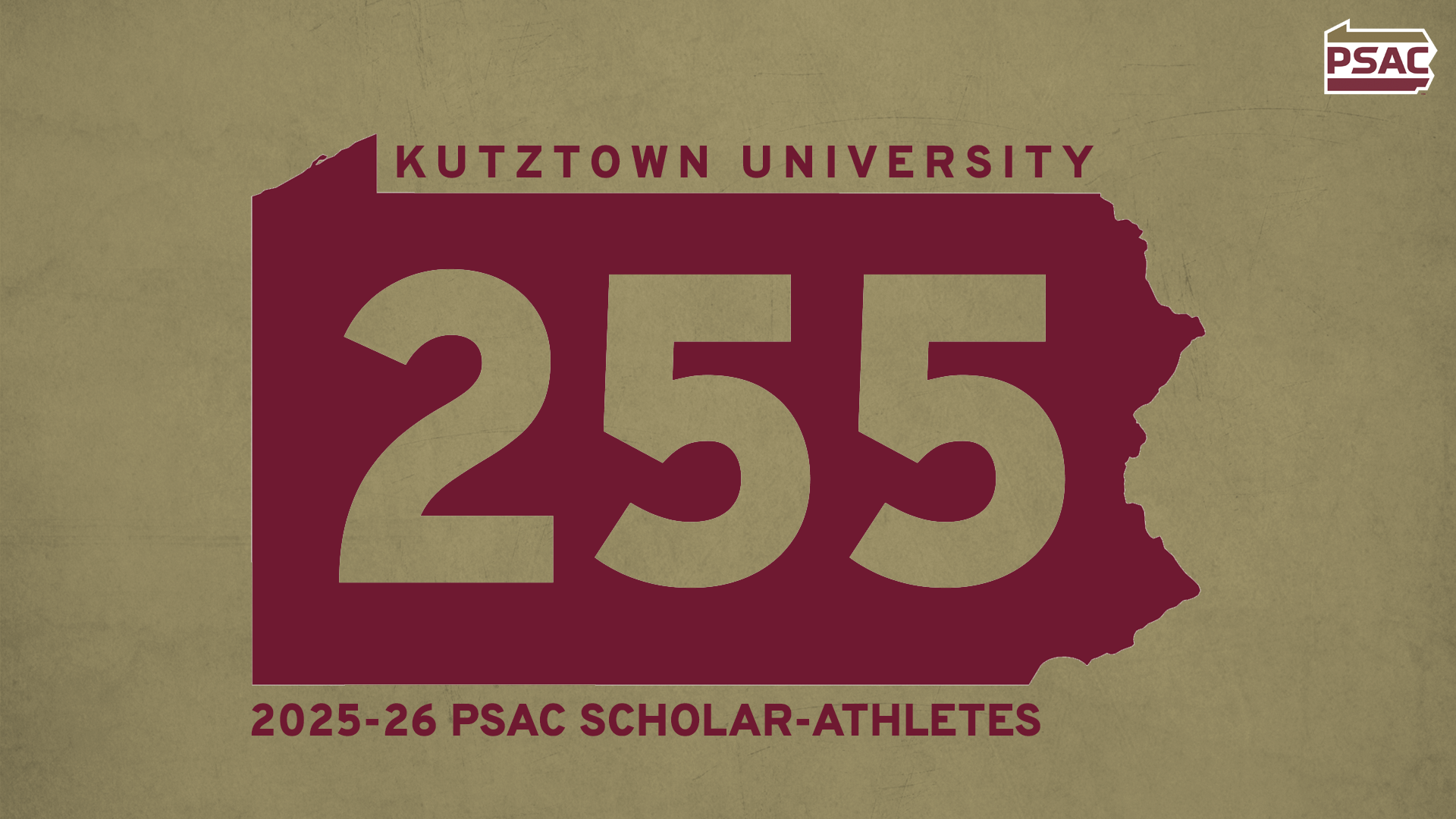 Graphic recognizing Kutztown University's record 255 PSAC Scholar-Athletes for the 2025-26 academic year. Graphic includes a maroon silhouette of the state of Pennsylvania on a gold background with the number 255 etched in the middle. Text reads Kutztown University, 2025-26 PSAC Scholar-Athletes. PSAC logo is at top right corner.