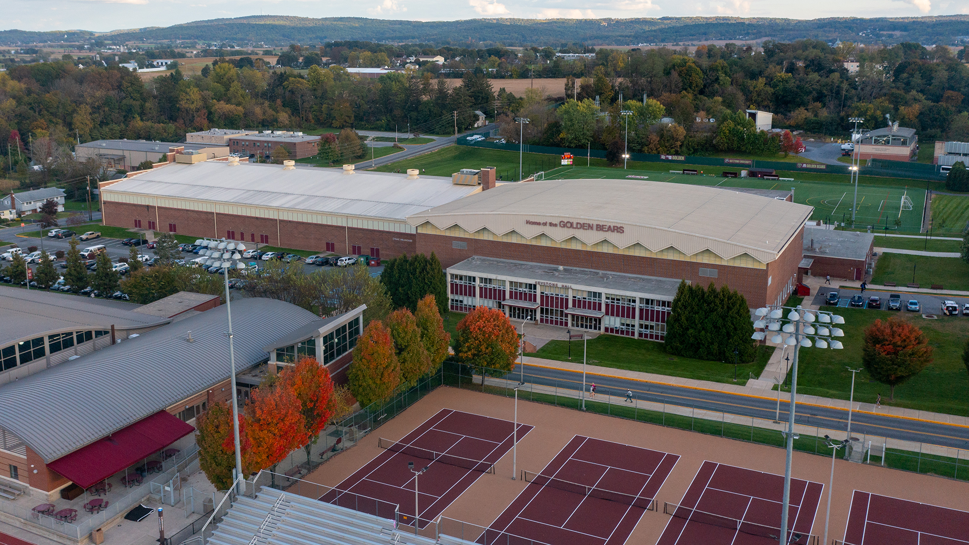 Aerial photo of Keystone Hall and O'Pake Fieldhouse shot on October 18, 2023.