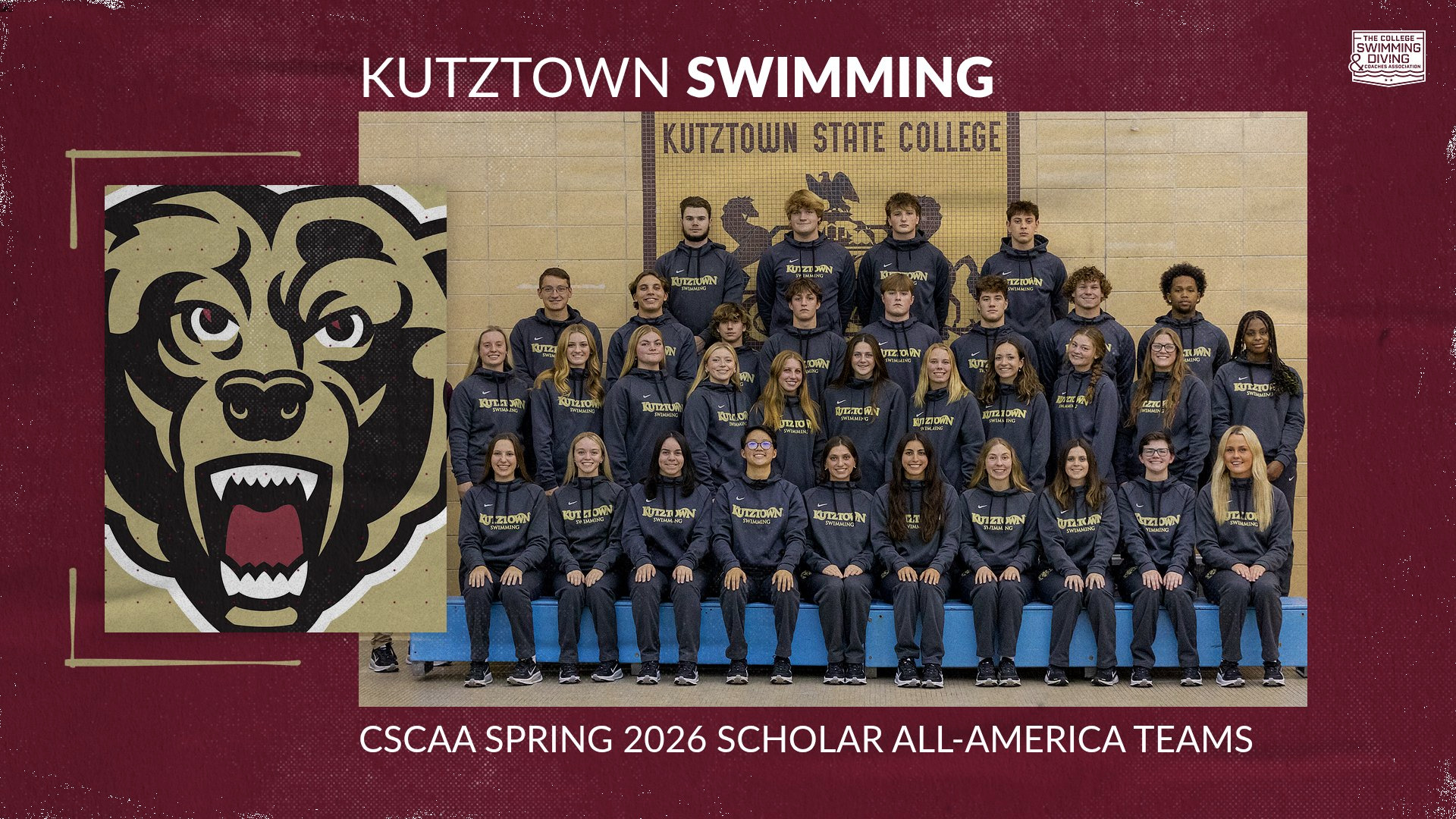 Graphic highlighting Kutztown University's men's and women's swim teams as College Swimming and Diving Coaches Association of America Spring 2026 Scholar All-America Teams. The graphic features Kutztown and CSCAA logos along with a combined team photo.
