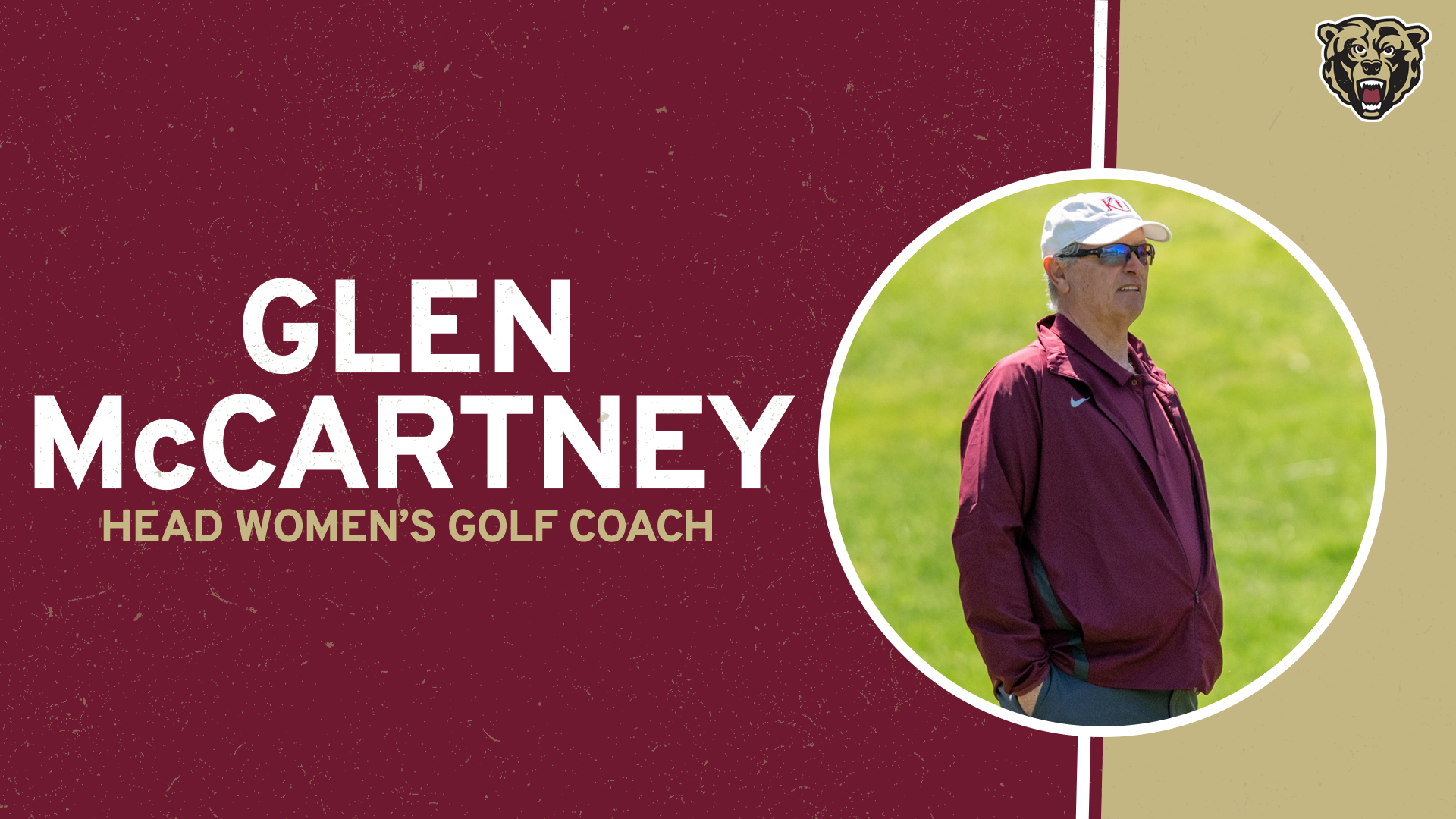 Graphic recognizing the hiring of Glen McCartney as Kutztown University head women's golf coach. Graphic text reads: Glen McCartney, Head Women's Golf Coach. Images include action shot of Glen McCartney coaching and the bear head logo.