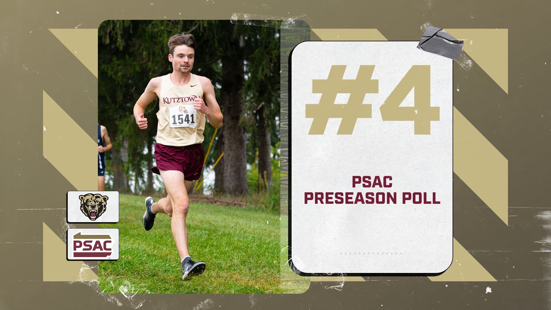 Photo of 5th year Robby Lloyd running in the  DII/DIII 2025 meet in Kutztown Women's Cross Country PSAC preseason poll graphic