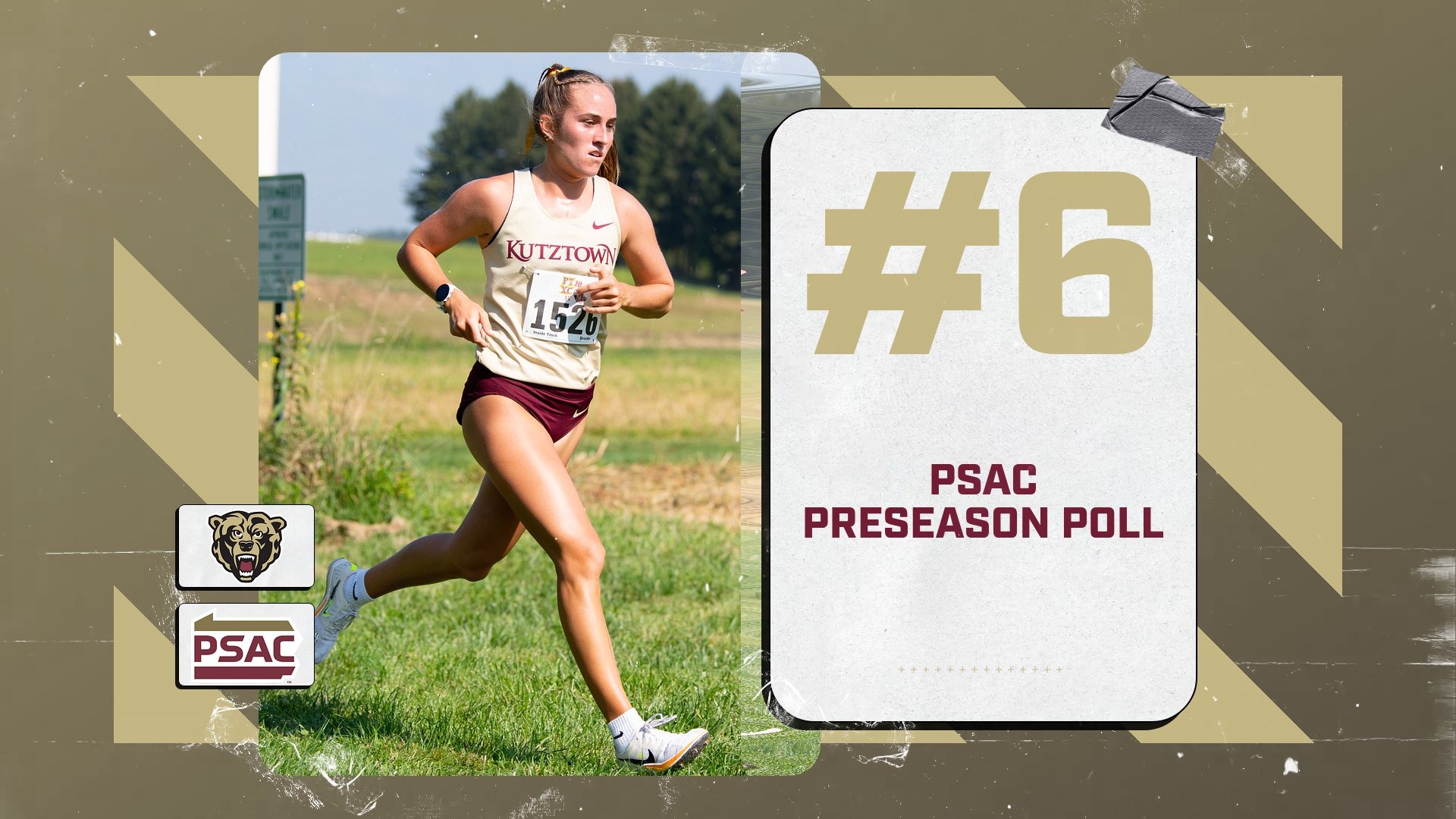 Photo of senior Maura Lenhart runs in DII/DIII 2025 meet in Kutztown Women's Cross Country PSAC preseason poll graphic