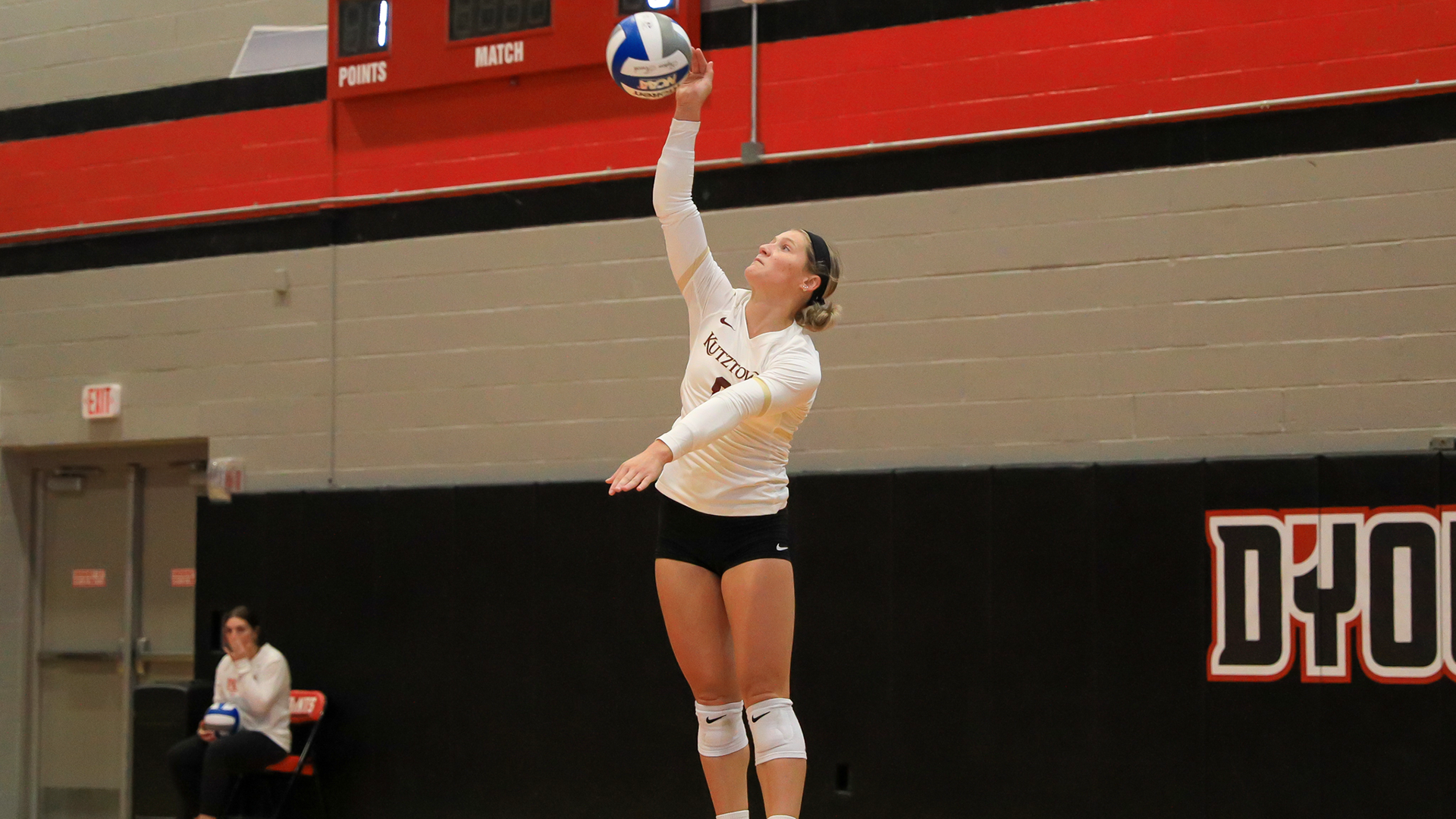 Paige Skinner of the Kutztown University women's volleyball team serves during a match against Lock Haven at the D'Youville Tournament on Friday, Aug. 28, 2026.