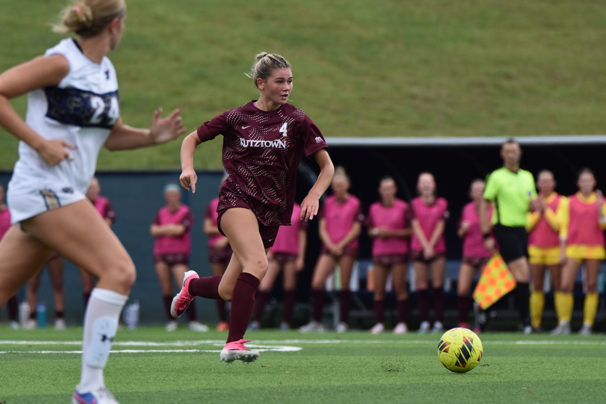 Giavanna Marciano dribbling the ball up field at Shepherd, 9/5/26