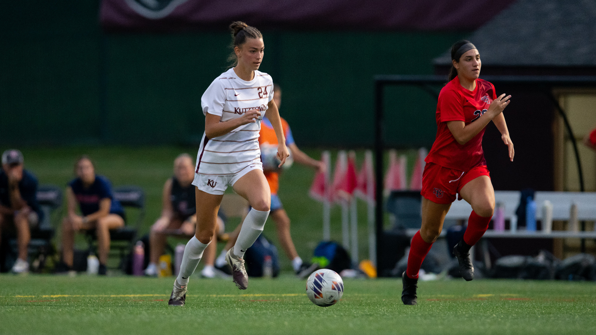 Carly Louey of the Kutztown University women's soccer team dribbles against a Shippensburg defender on Wednesday, Sept. 16, 2026. Louey scored the only goal in a 1-0 victory for the Golden Bears.