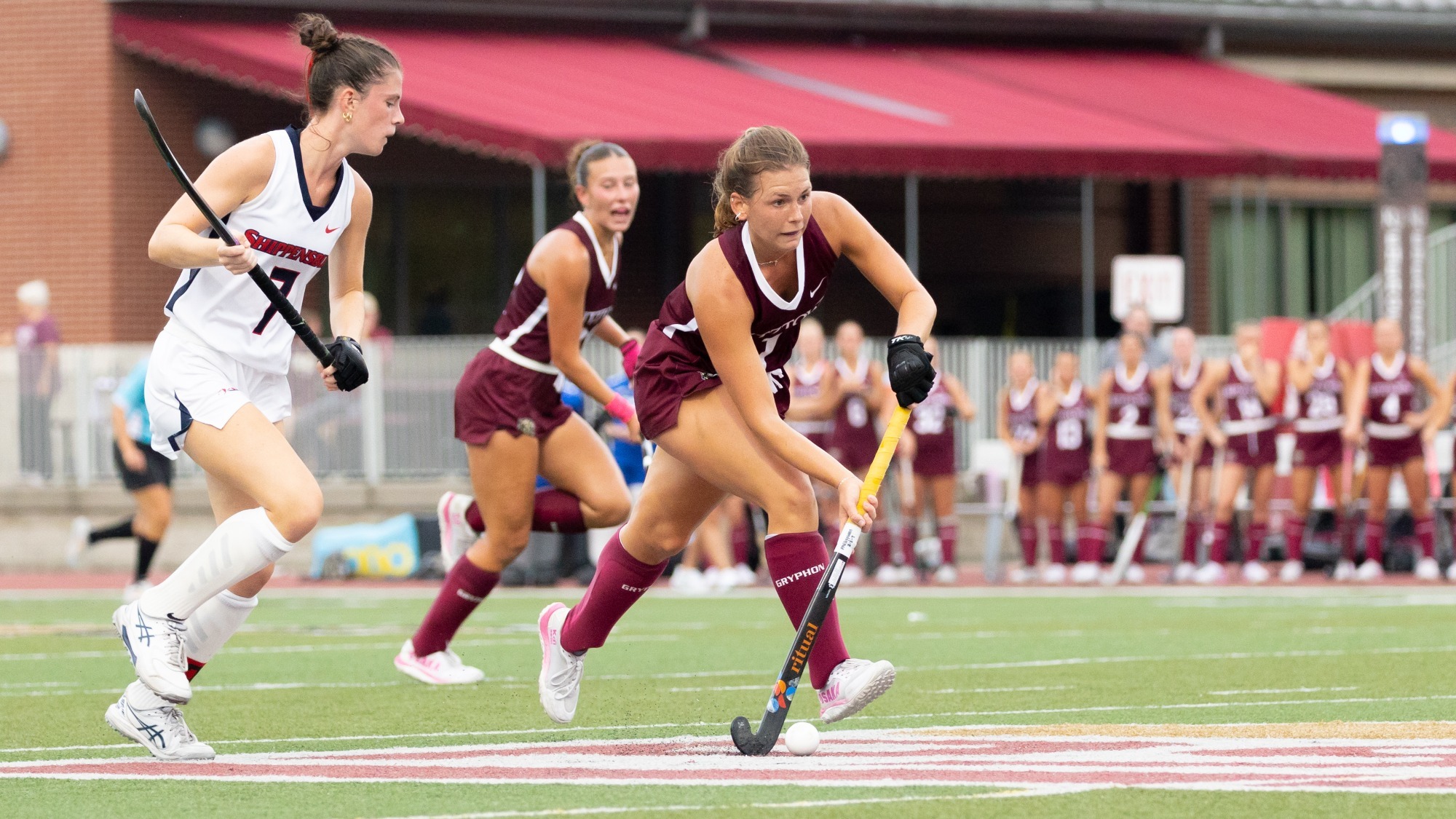Ellie Myers dribbling the ball up field vs. Shippensburg, 9/17/26