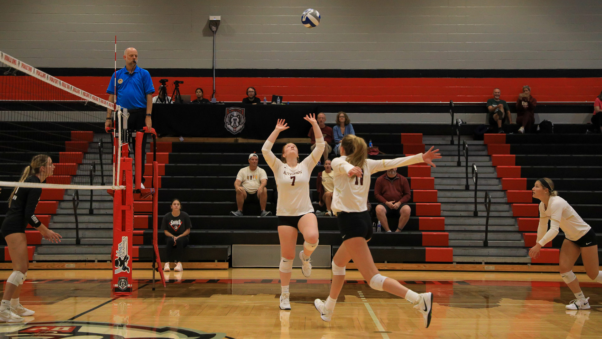 Emma Baldridge (7) of the Kutztown University women's volleyball team sets a ball against Lock Haven on Friday, Aug. 28, 2026.
