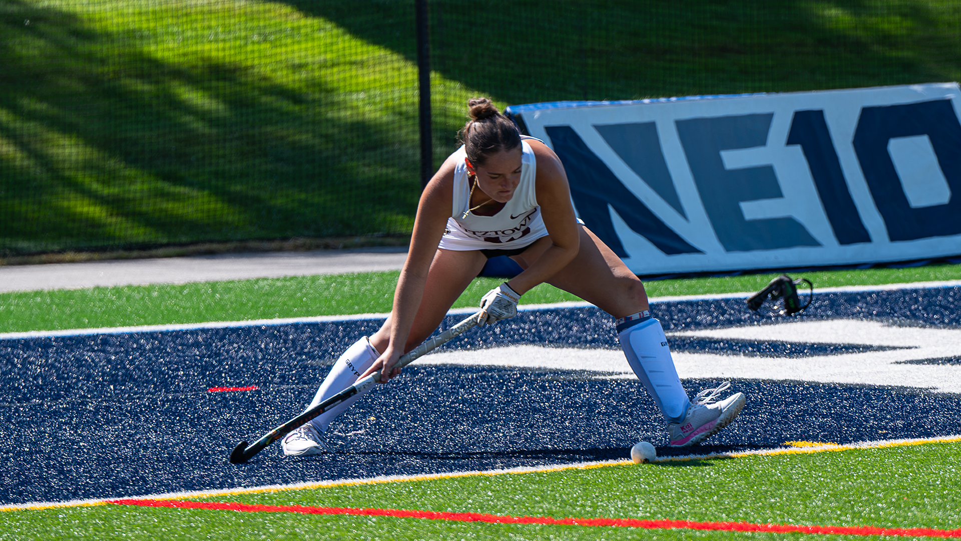 Senior Rachel Galasso inserts a corner against Saint Anselm on 9/12/26