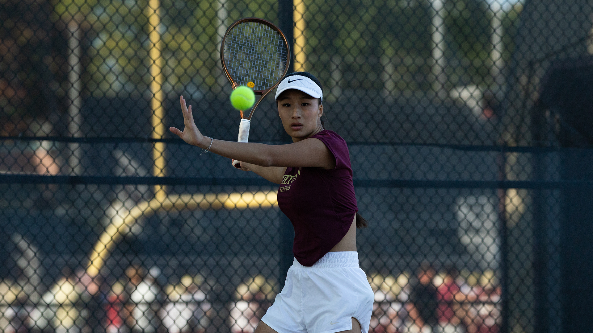 Anastassiya Kim of the Kutztown University women's tennis team plays a forehand shot during a match against the University of Scranton on Monday, Sept. 14, 2026. 
