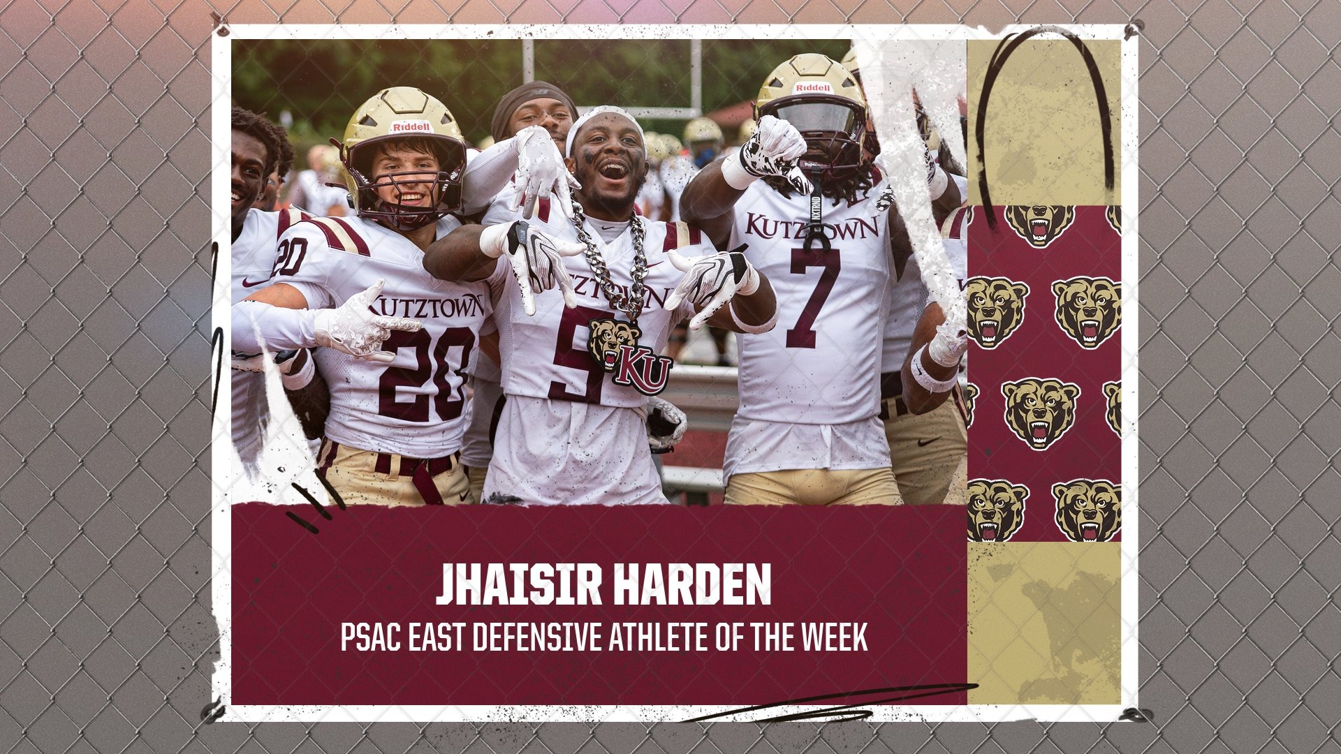 Jhaisir Harden PSAC East Defensive Athlete of the Week graphic, 9/21/26