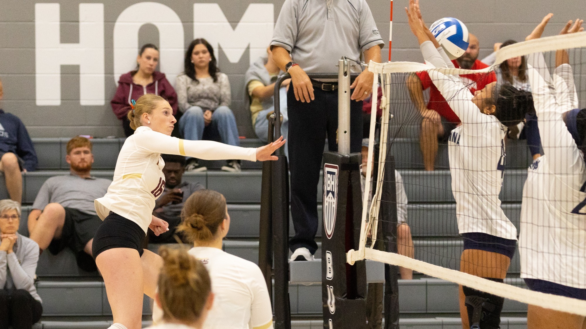 Emily Staszewski attacking the ball at the net vs. Lackawanna, 9/22/26