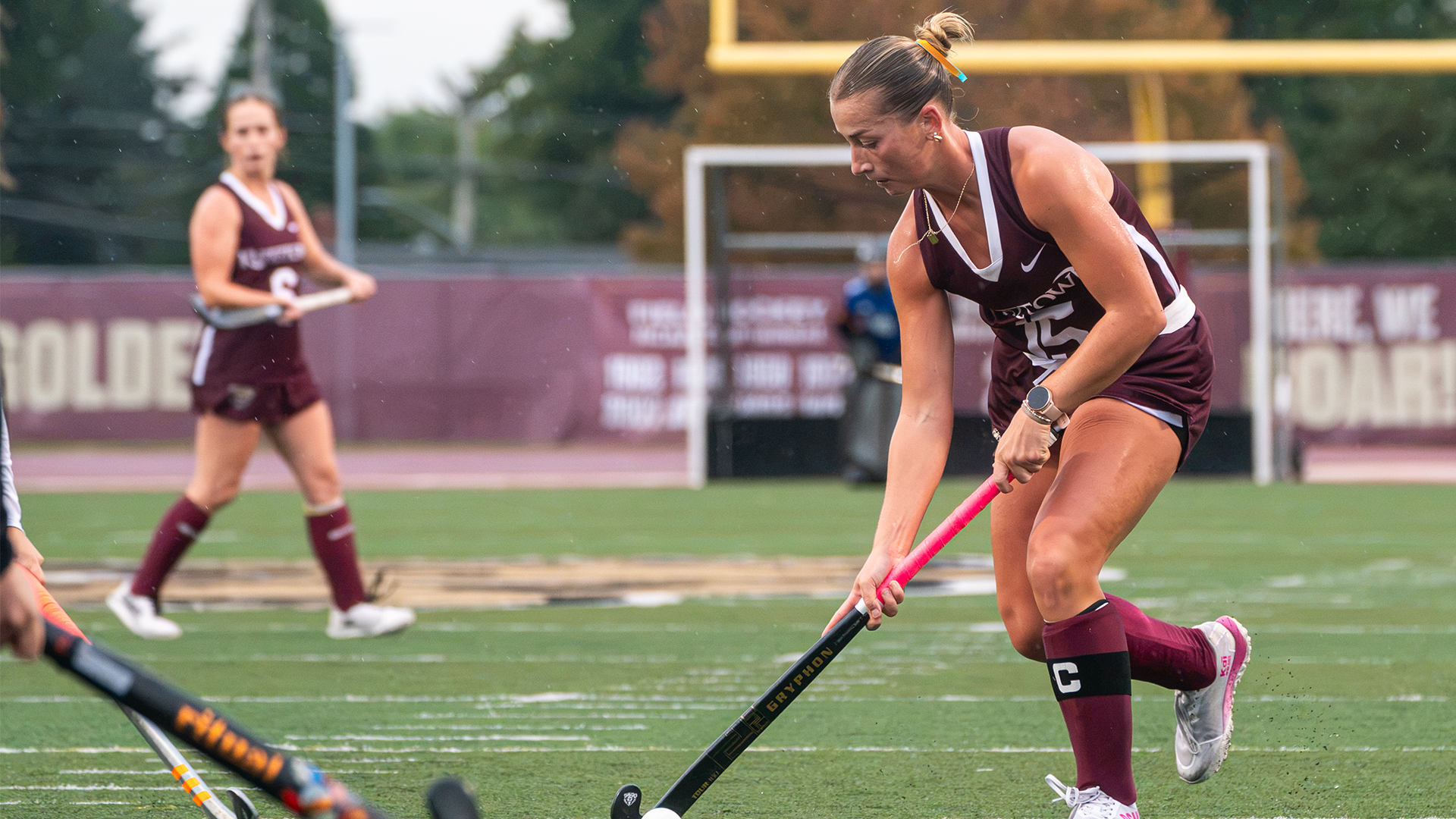 Marissa Rice of Kutztown Field Hockey carries the ball vs American International College 9/26/26
