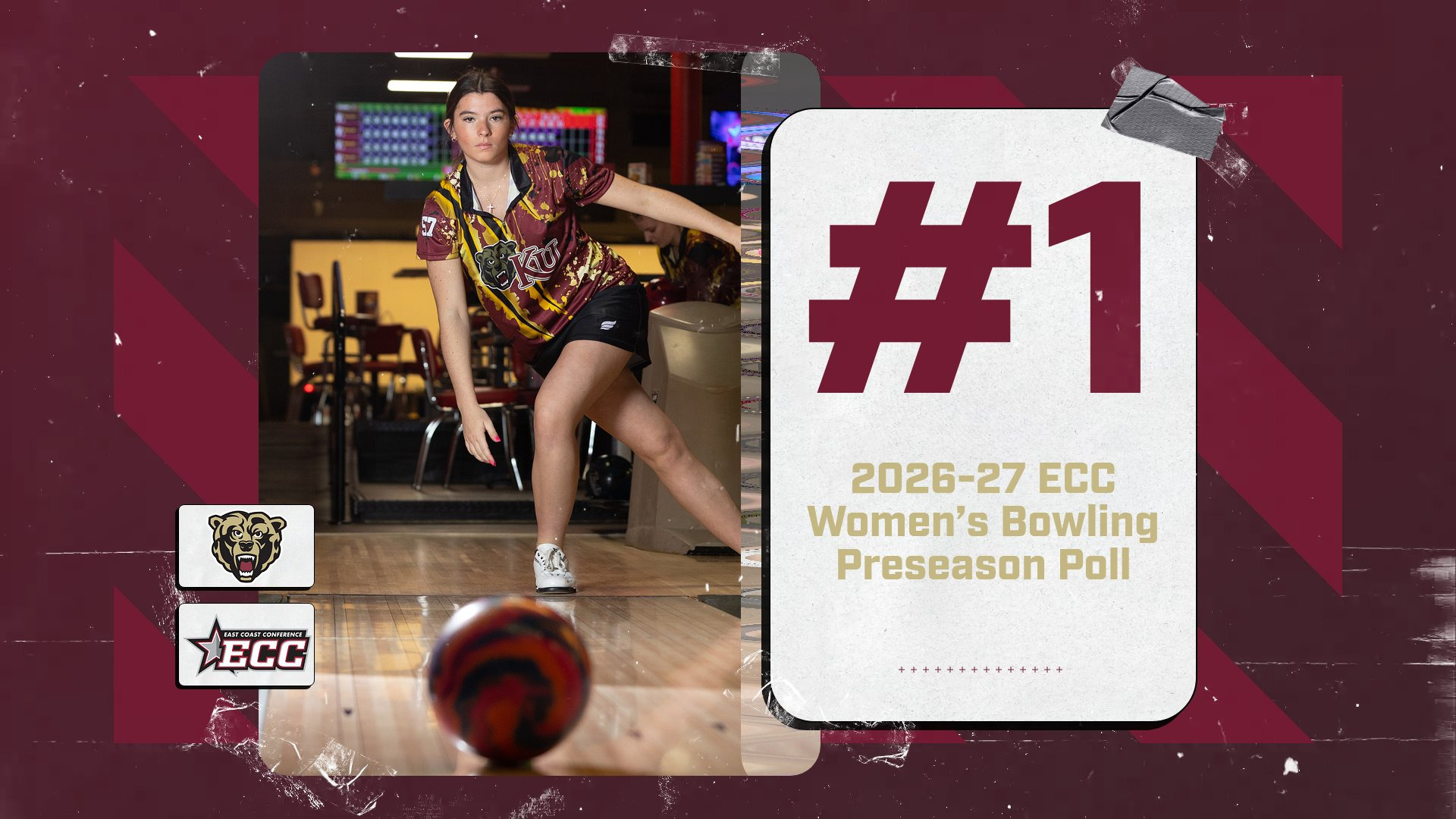 Graphic highlighting Kutztown University women's bowling being picked No. 1 in the 2026-27 East Coast Conference Women's Bowling Preseason Poll. The graphic includes the text: #1, 2026-27 ECC Women's Bowling Preseason Poll, Kutztown bear head logo, ECC logo and an action shot of bowler Madilyn Bogovic.