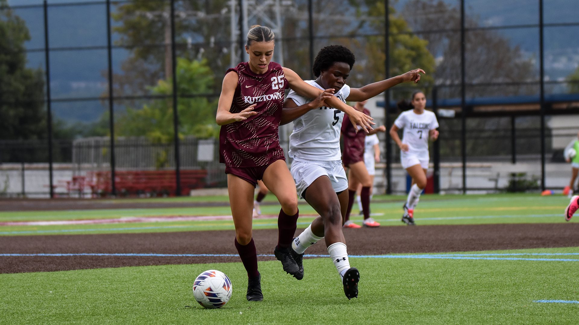 Emma Gonzalez of the Kutztown University women's soccer team fends off a Lackawanna player during a road game on Sept. 2, 2026.
