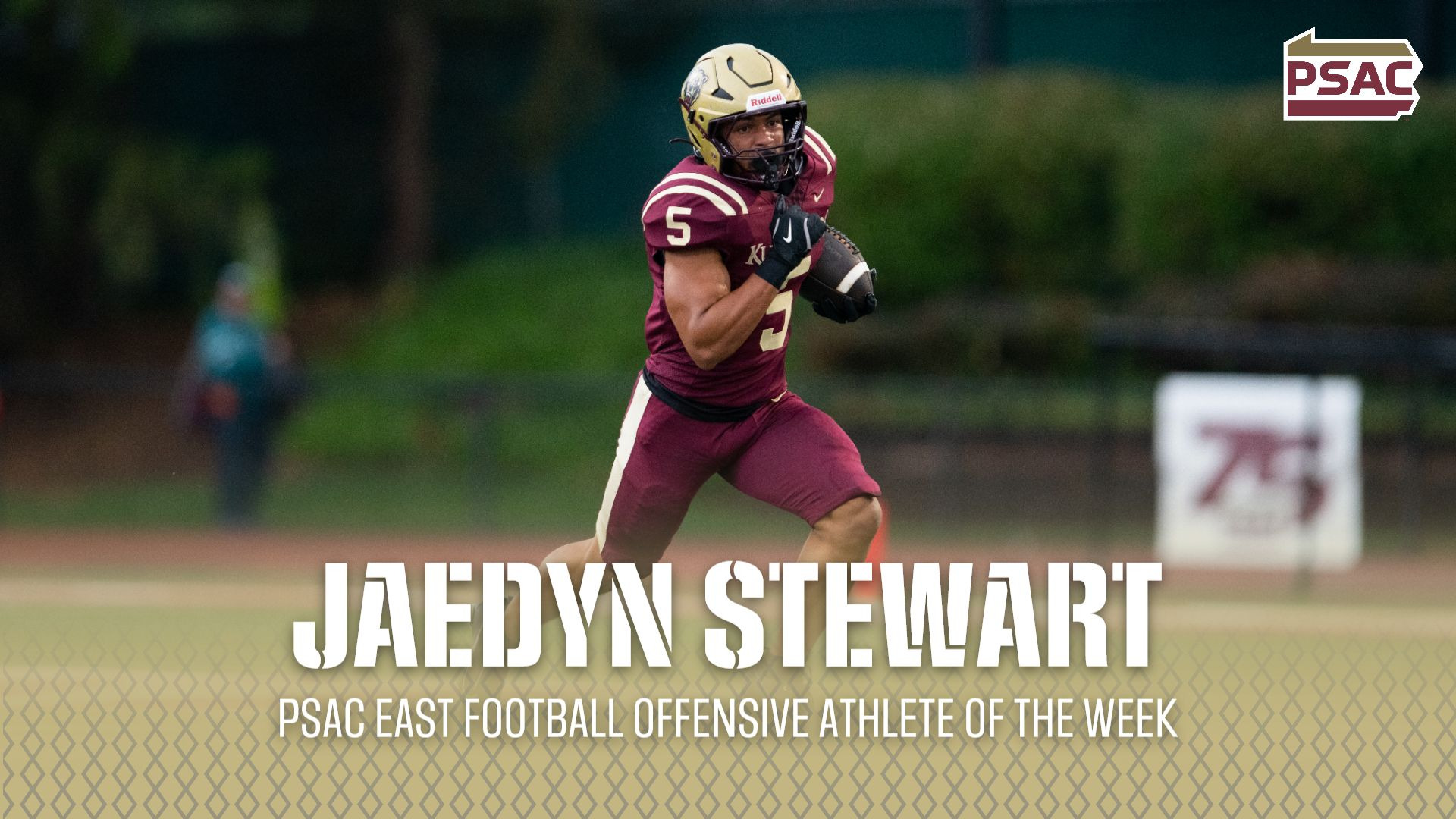 Graphic highlighting Jaedyn Stewart of the Kutztown University football team as the PSAC East Offensive Athlete of the Week on Sept. 8, 2026. Graphic includes action shot of Stewart running the football and the words Jaedyn Stewart, PSAC East Football Offensive Athlete of the Week. PSAC logo is at upper right.