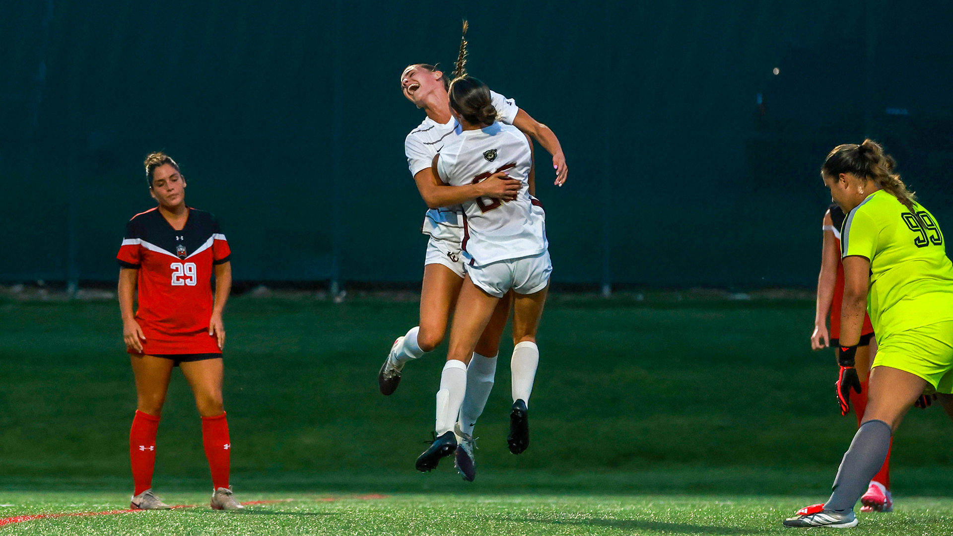 Carly Louey of the Kutztown University women's soccer team celebrates a first half goal with teammate Emma Gonzalez (25) during the Golden Bears' 4-0 win over East Stroudsburg on Wednesday, Sept. 9, 2026.