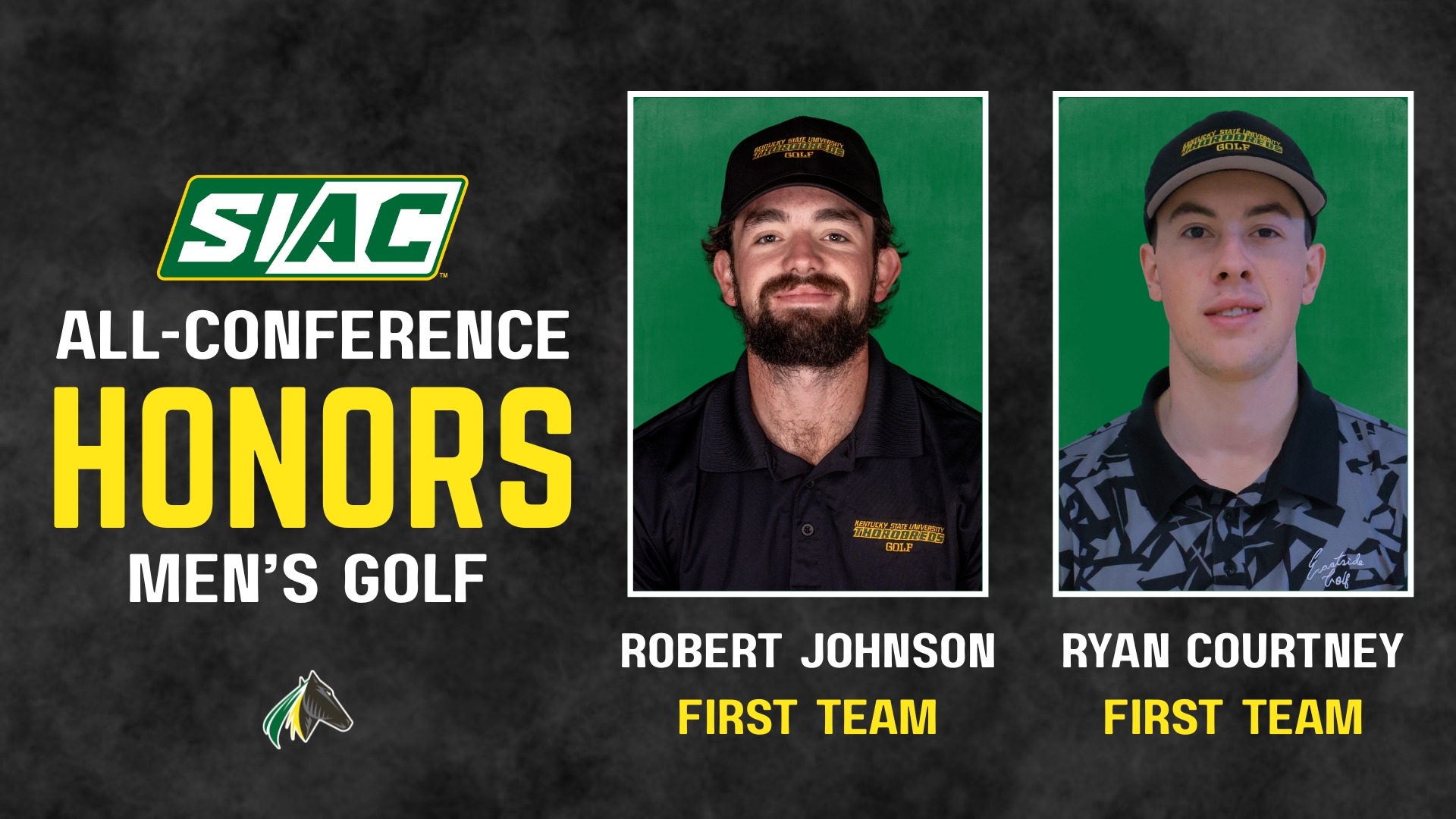 Graphic of Ryan Courtney and Robert Johnson Announcing SIAC All-Conference First Team Honors for Men's Golf 