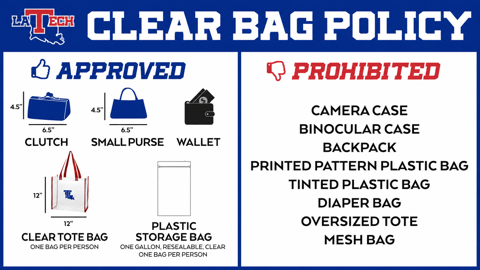 Clear bag policy graphic showing approved and prohibited bag types. Full policy details are listed below.