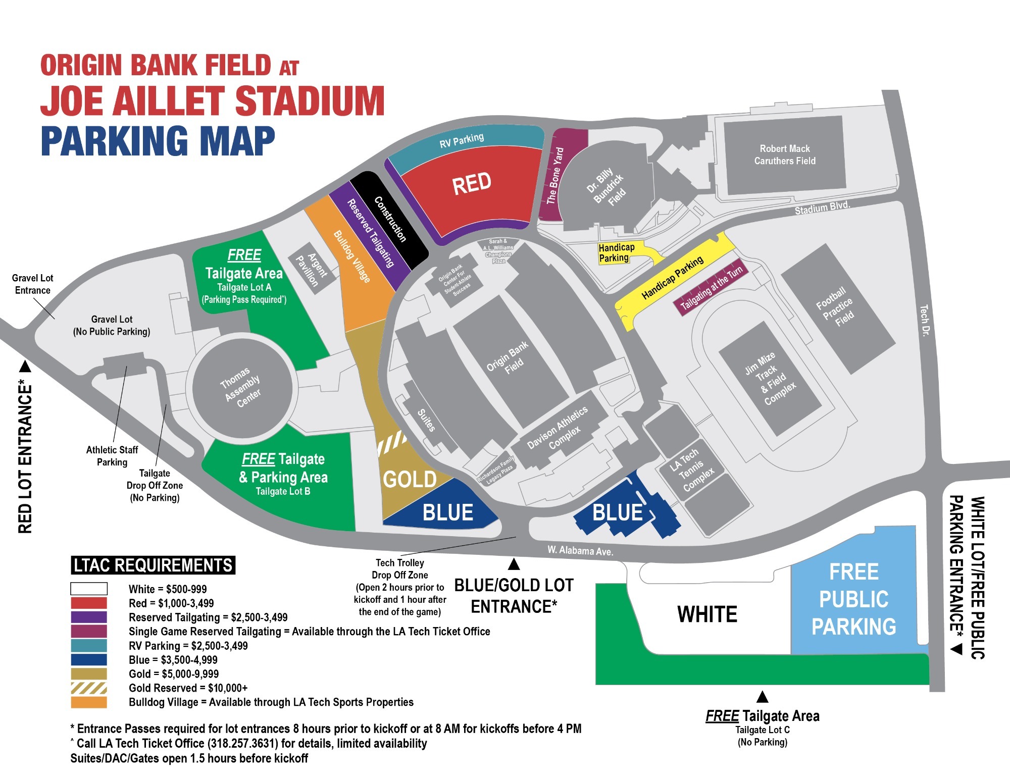 Football parking map for Origin Bank Field at Joe Aillet Stadium showing permit lots, public parking, accessible parking, RV parking, tailgating areas and the Tech Trolley drop-off zone