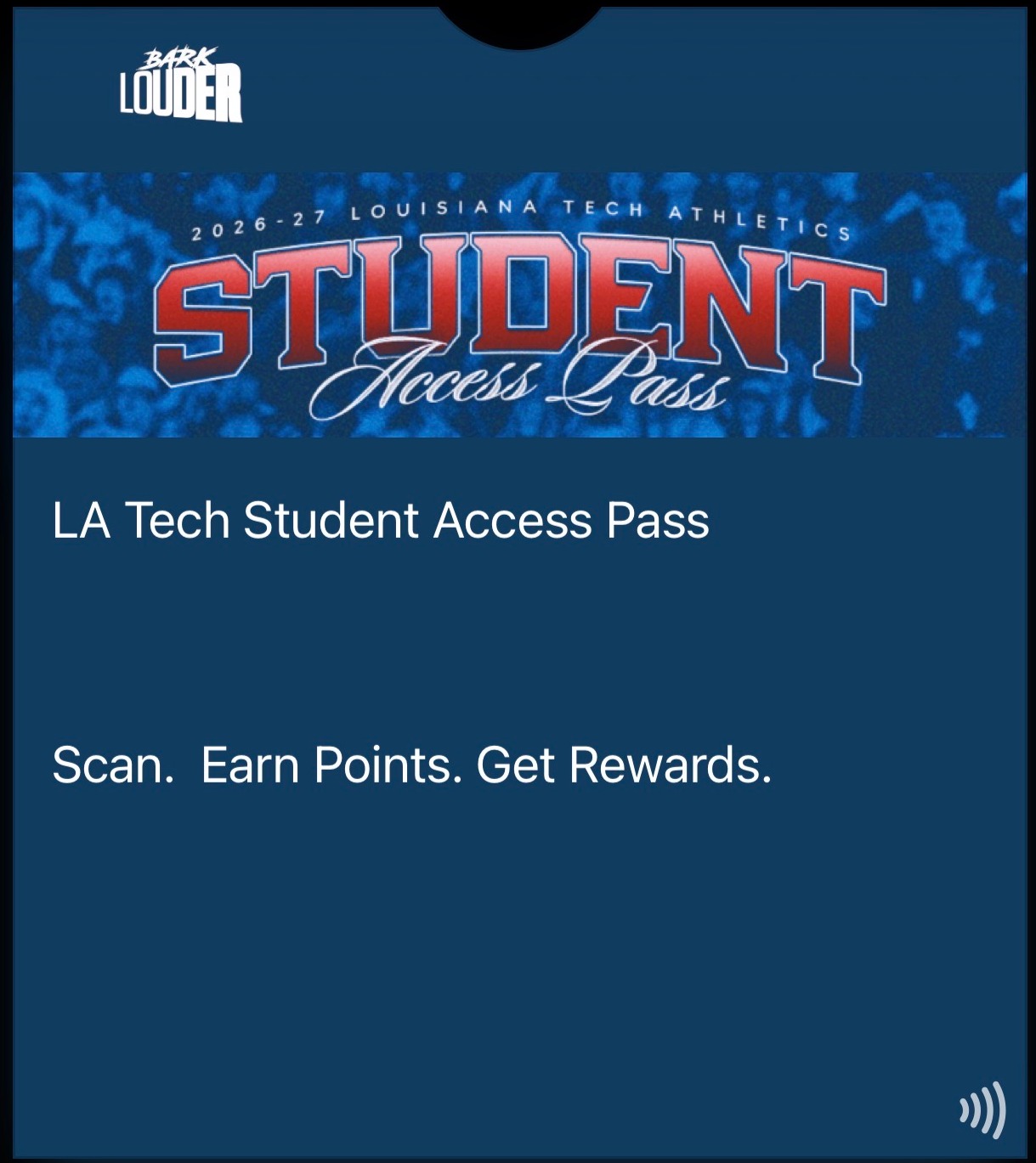 LA Tech Student Access Pass displayed in a mobile wallet and labeled for the 2026-27 athletics year