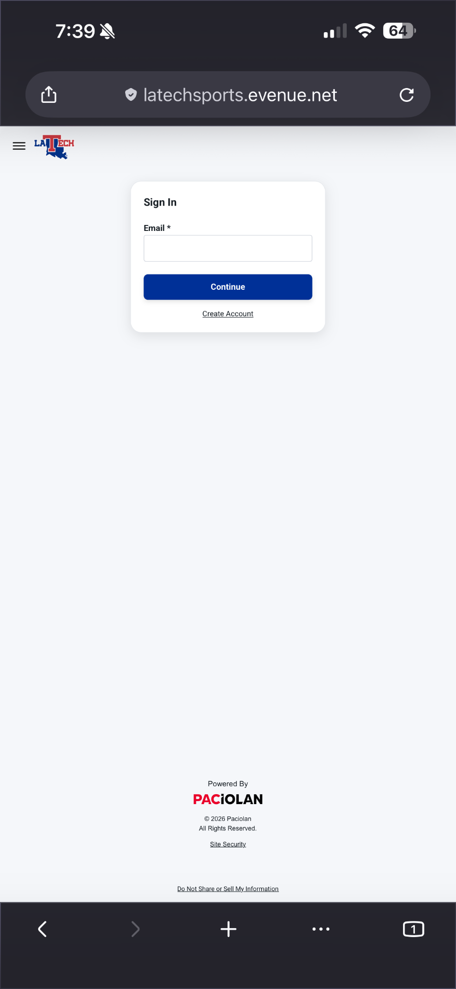 LA Tech ticket account sign-in screen with an email field and Continue button