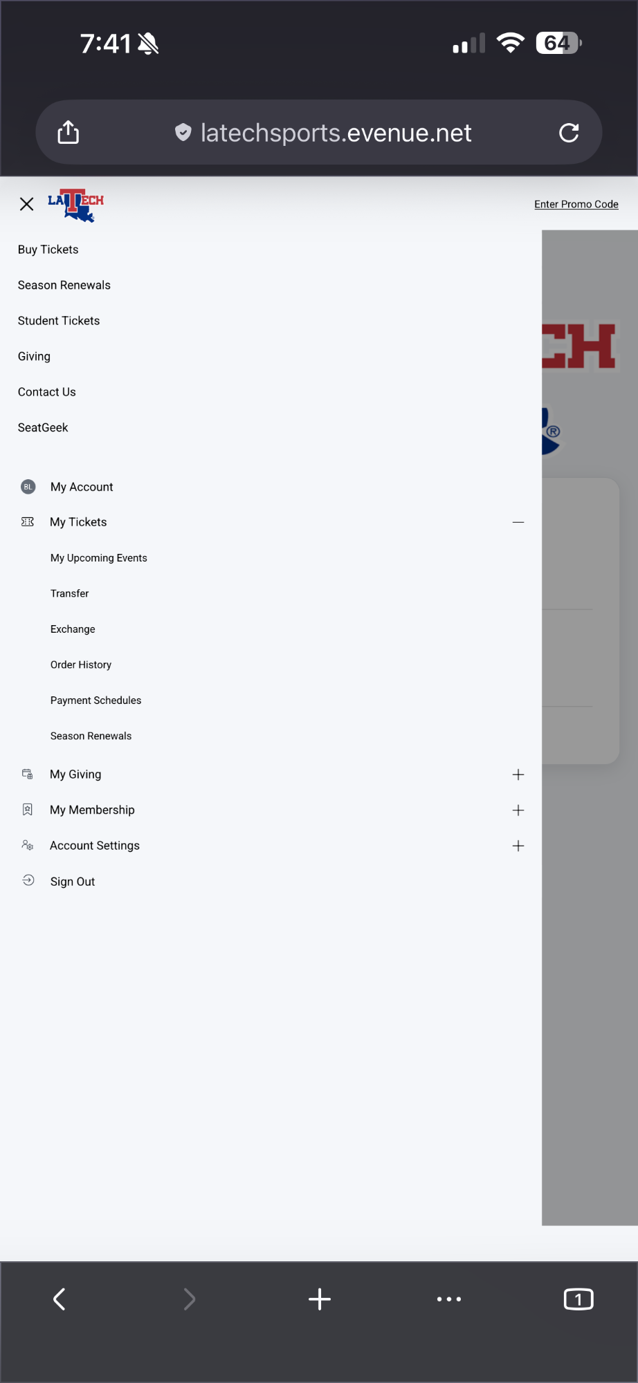 LA Tech ticket account menu with My Tickets expanded and My Upcoming Events listed