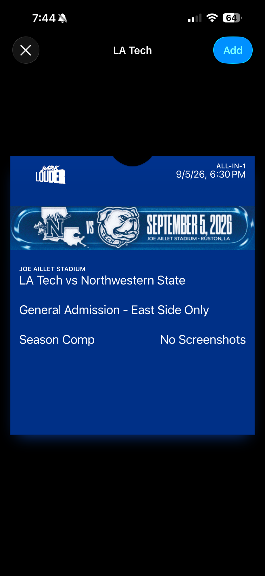 Apple Wallet ticket preview with the Add button in the upper-right corner