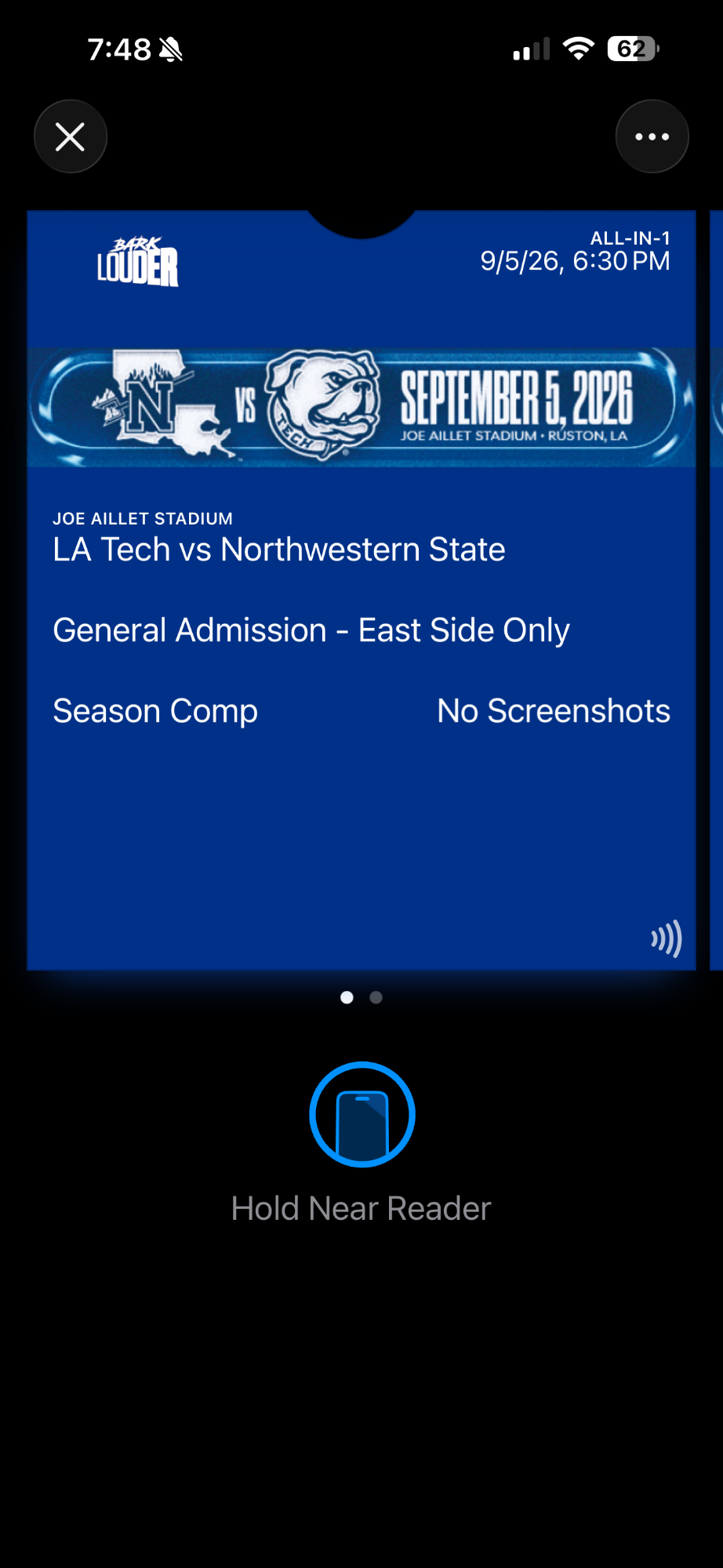 LA Tech ticket saved in Apple Wallet with a contactless symbol and Hold Near Reader message