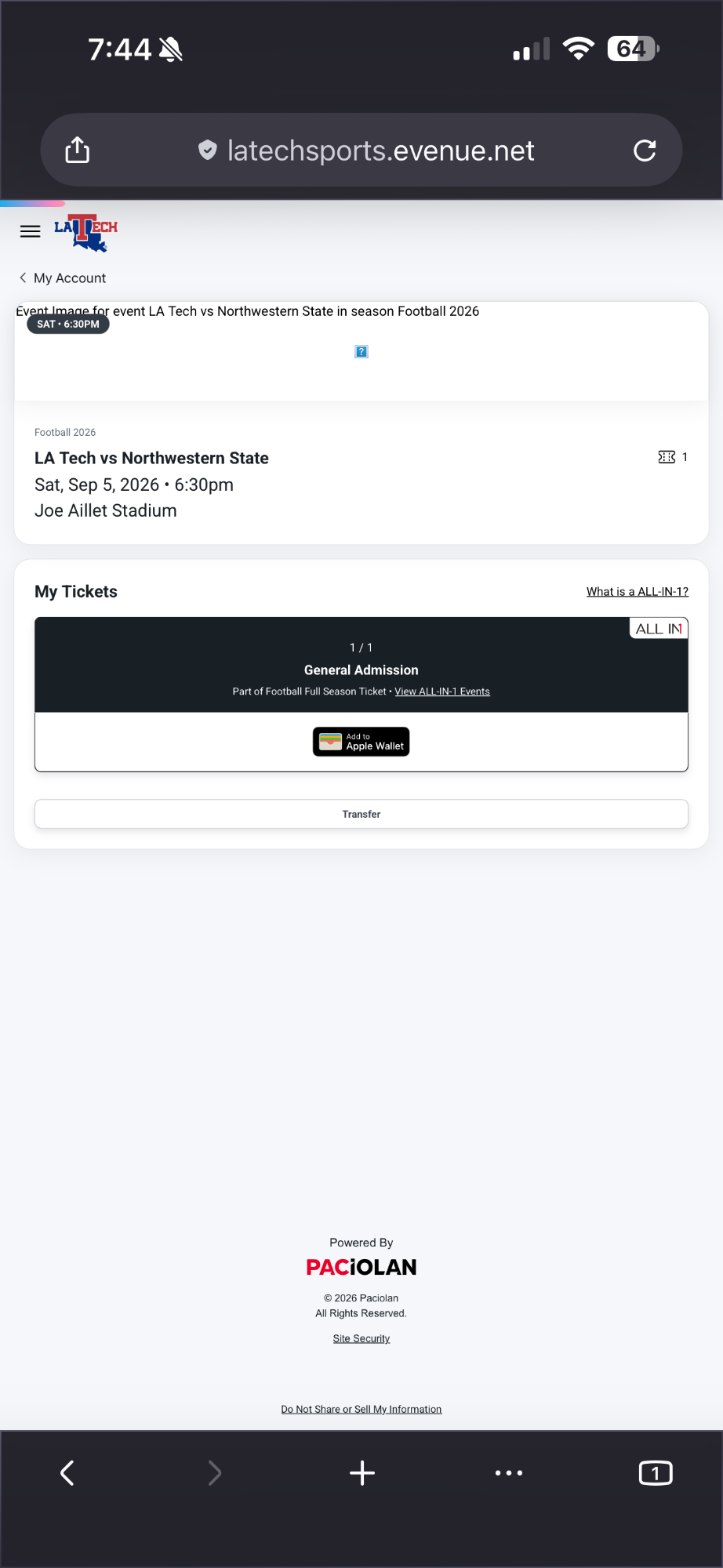 LA Tech event ticket page with a Transfer button beneath the ticket