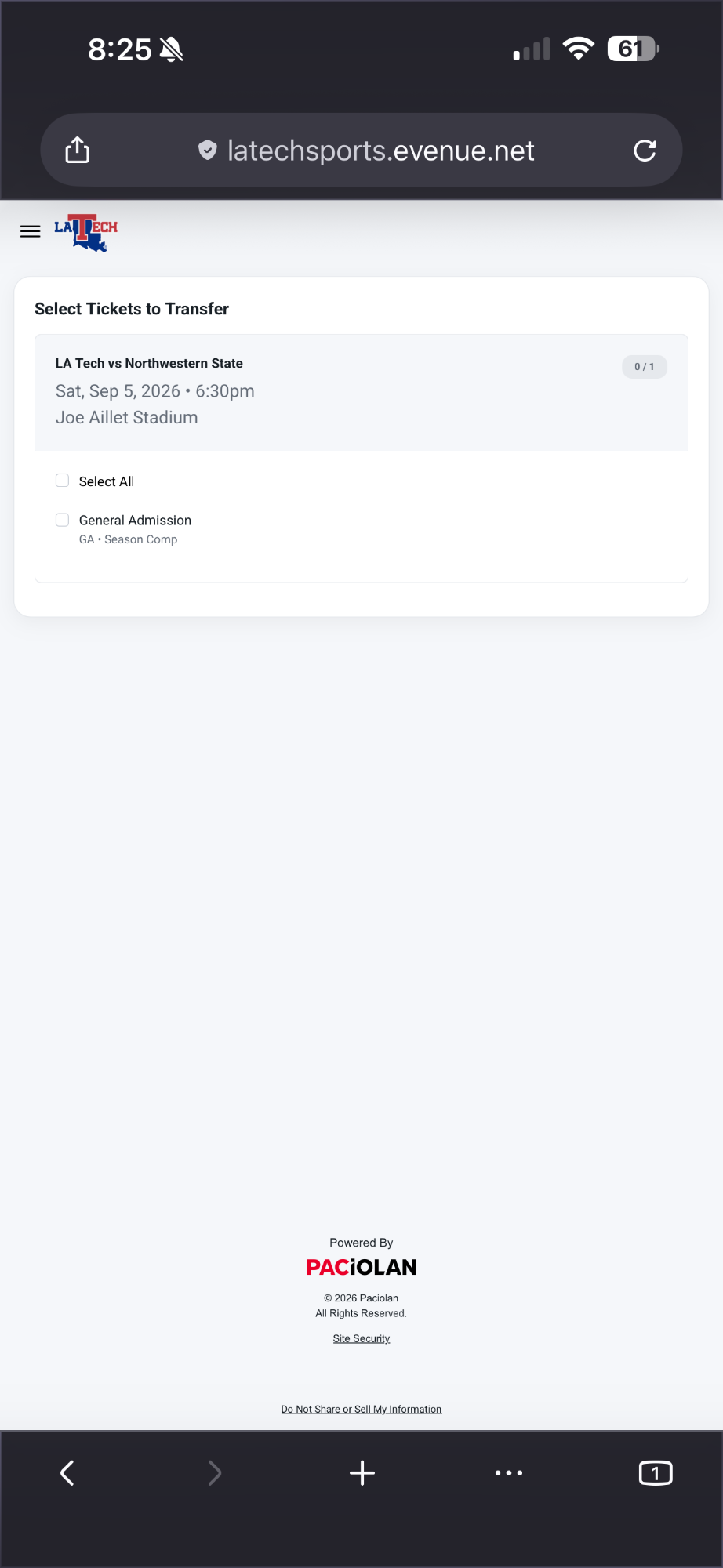 Select Tickets to Transfer screen with checkboxes for available tickets