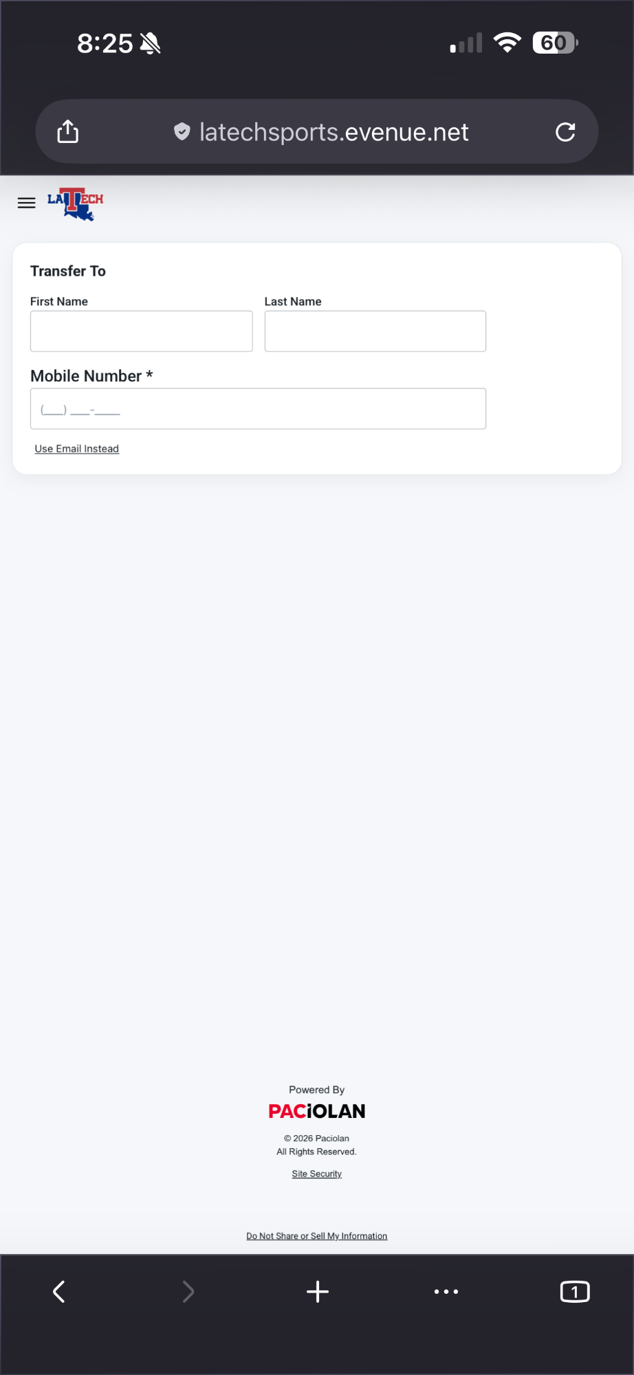 Transfer To screen with name and mobile-number fields and a Use Email Instead option