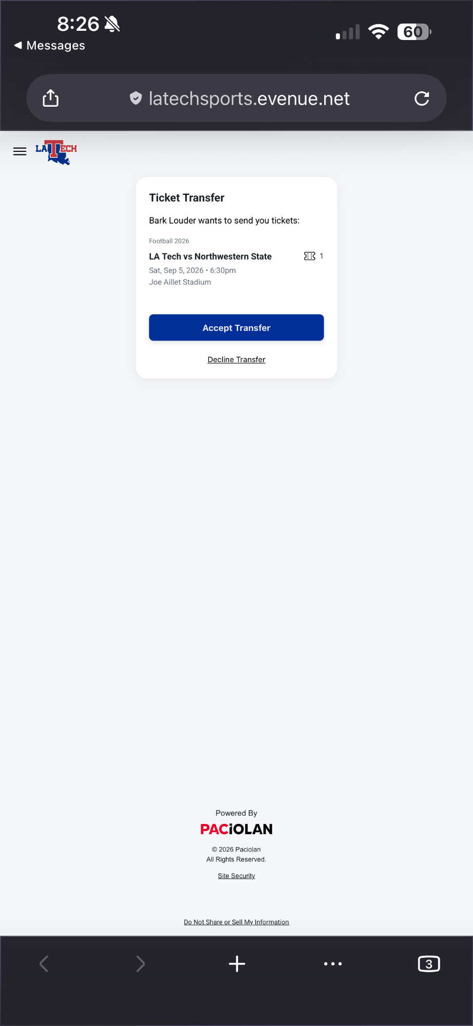 Ticket Transfer page with event details and an Accept Transfer button