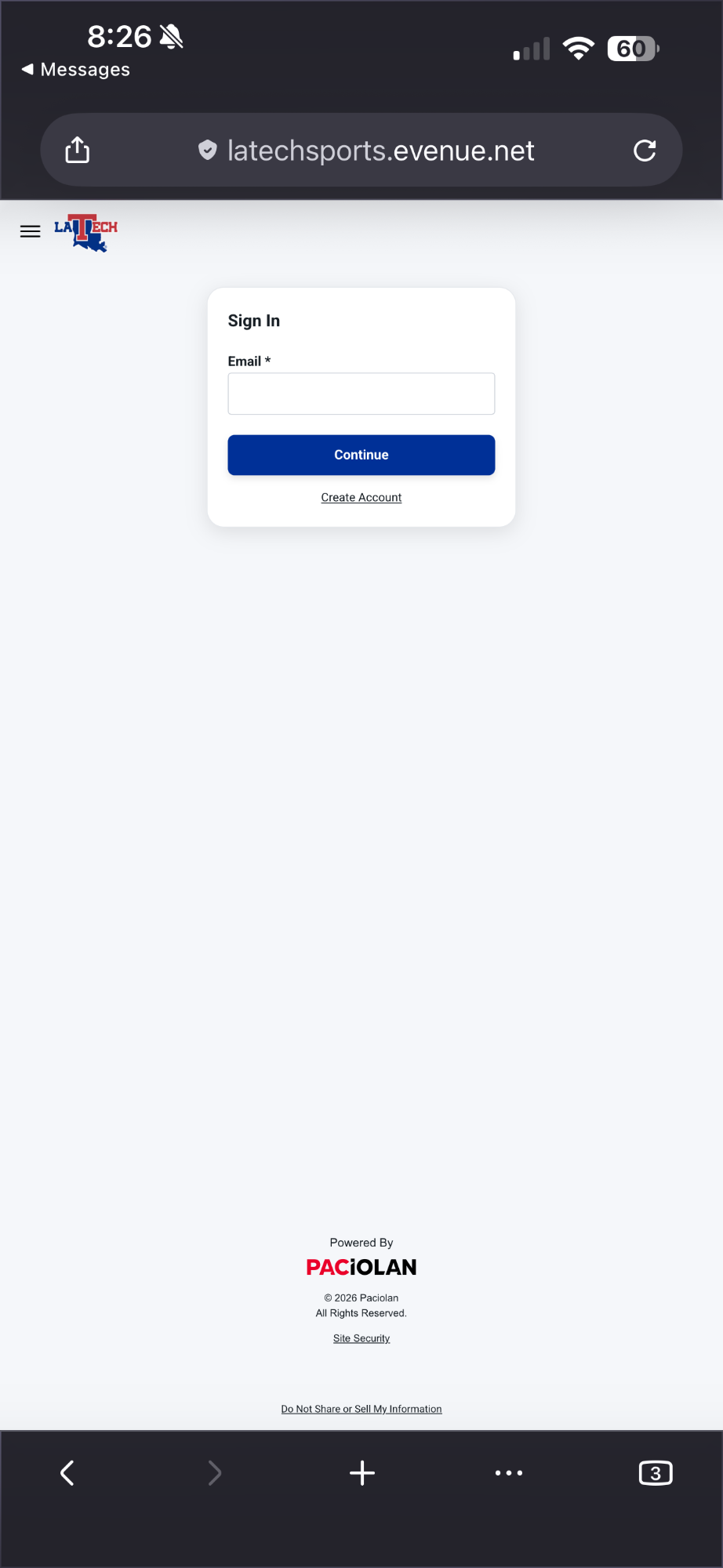 LA Tech ticket account sign-in screen shown after opening a ticket transfer