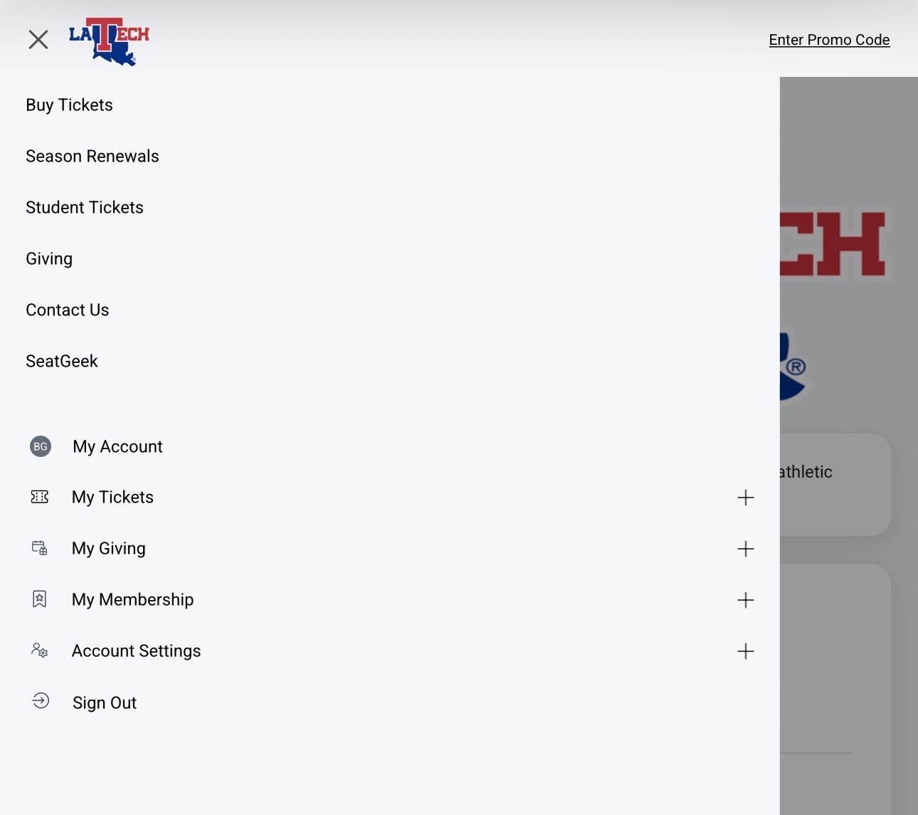 Student ticket account menu with the My Account option