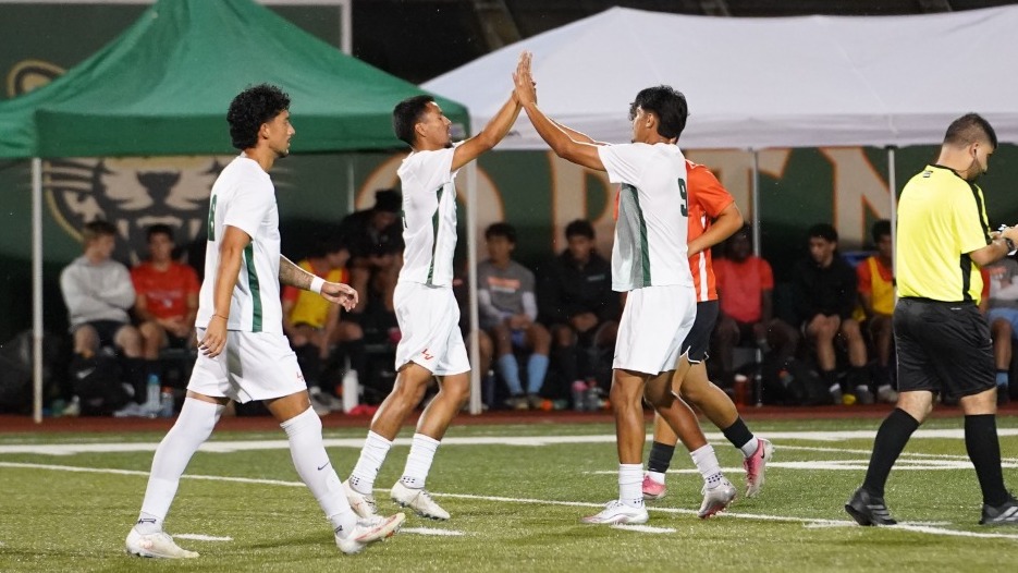 La Verne men's soccer celebrates against Caltech