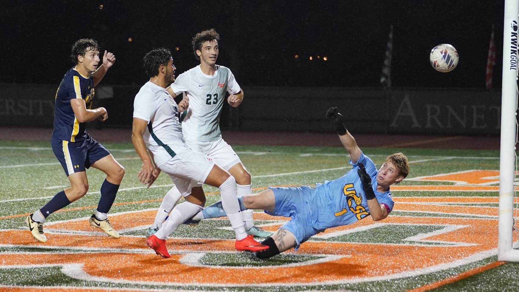 Gerardo Raya sinks a goal against UC Santa Cruz