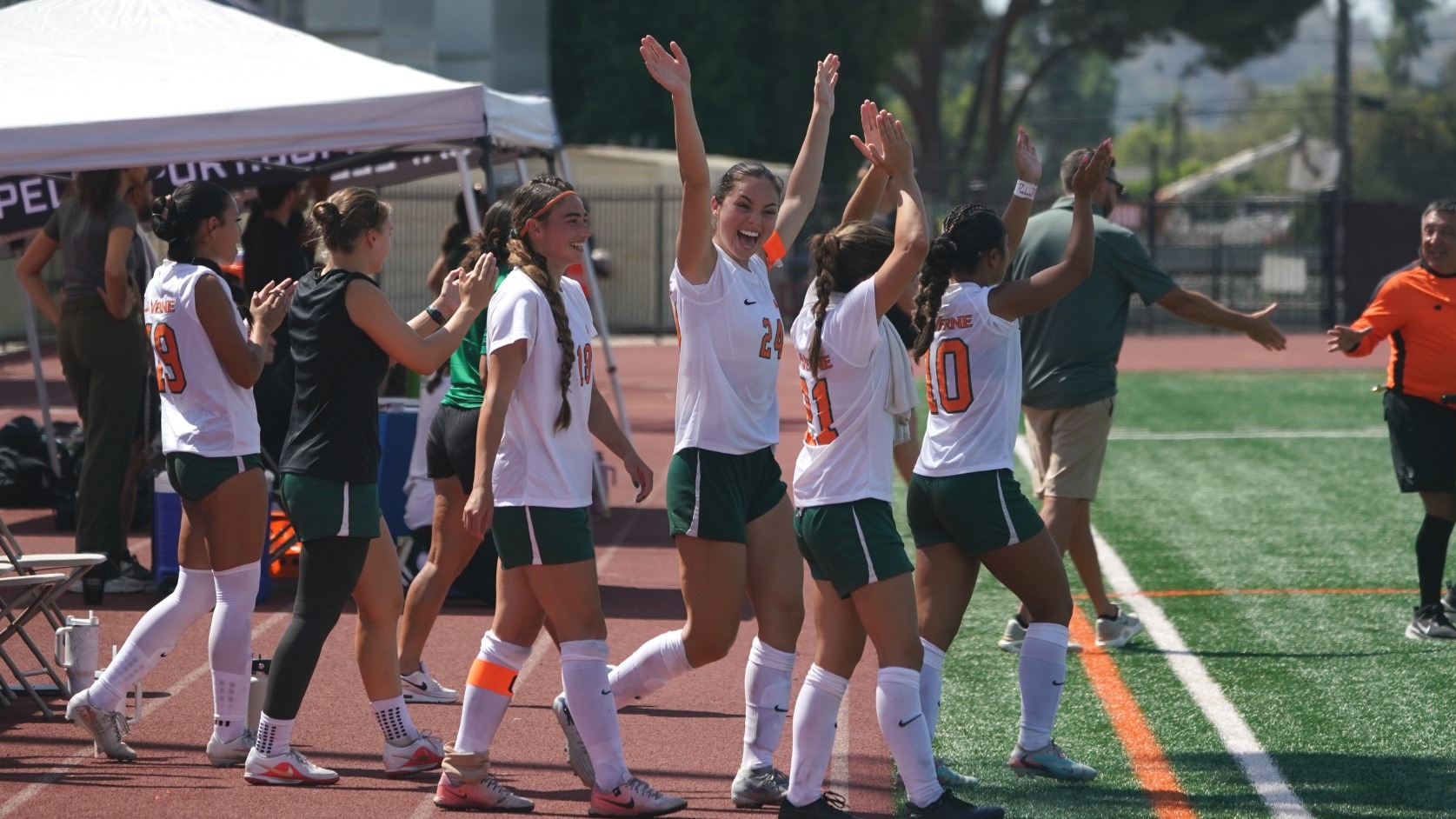 La Verne women's soccer celebrates a win over Pacific Union