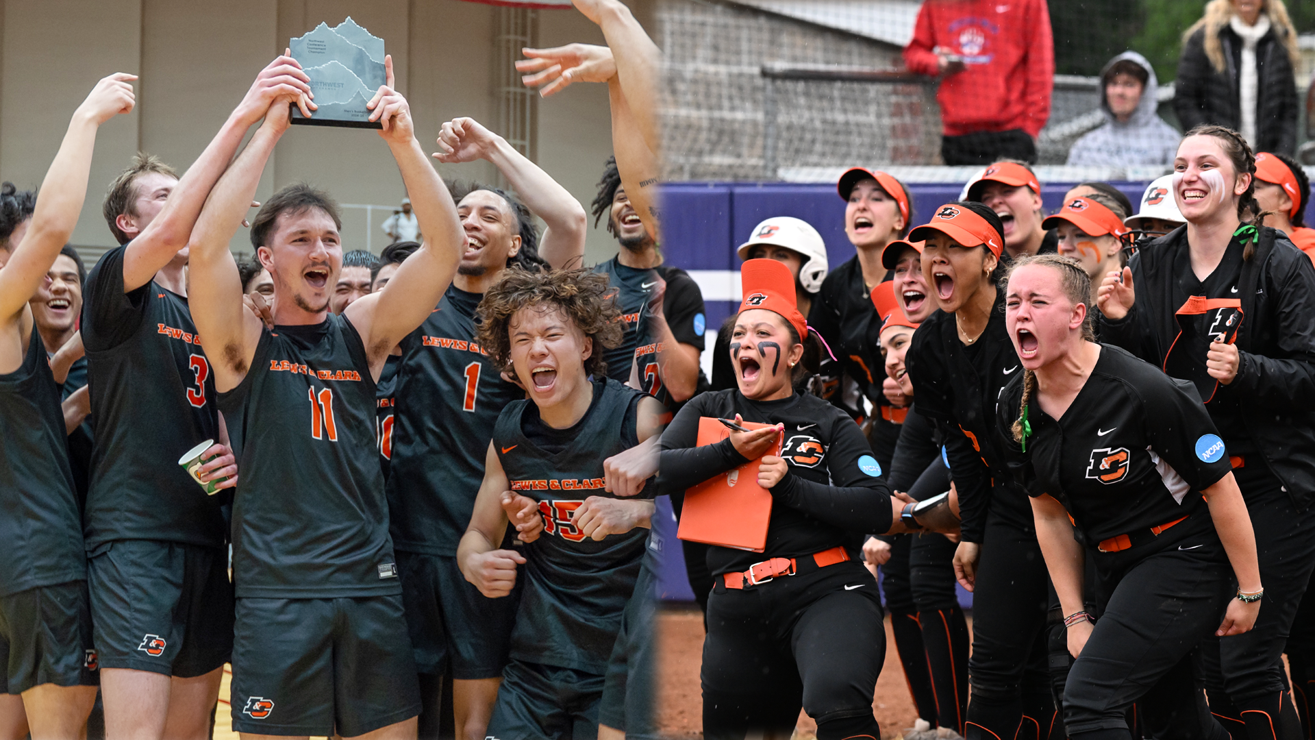 Men's Basketball celebrates winning the NWC Championship (left) and Softball celebrates their first-ever NCAA Tournament win (right)