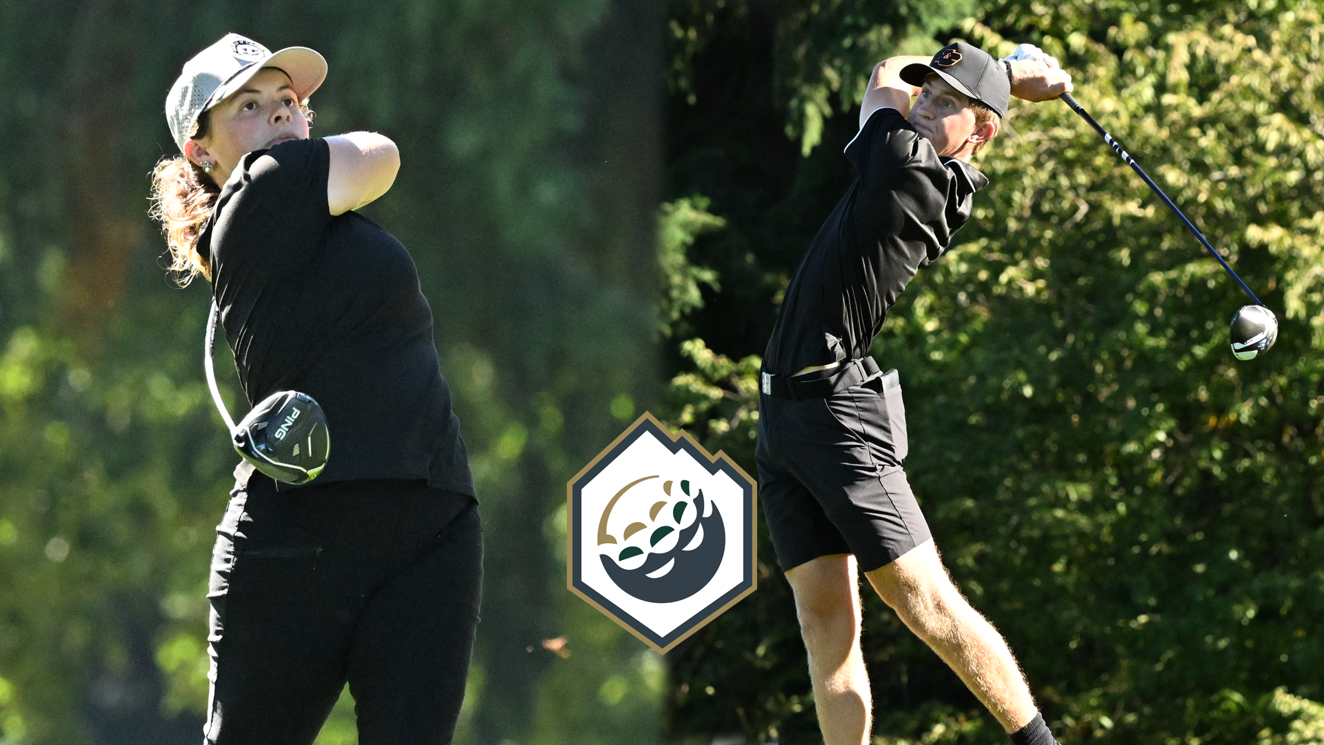Evie Denton (left) and Luke Blankinship (right) each watch their drives fly down the fairway