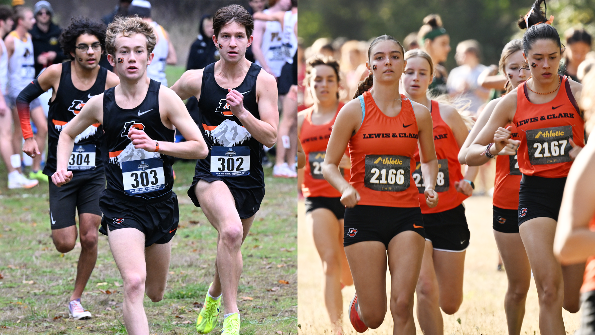 Group of men's runners (left) and women's runners (right) warm up before a race starts