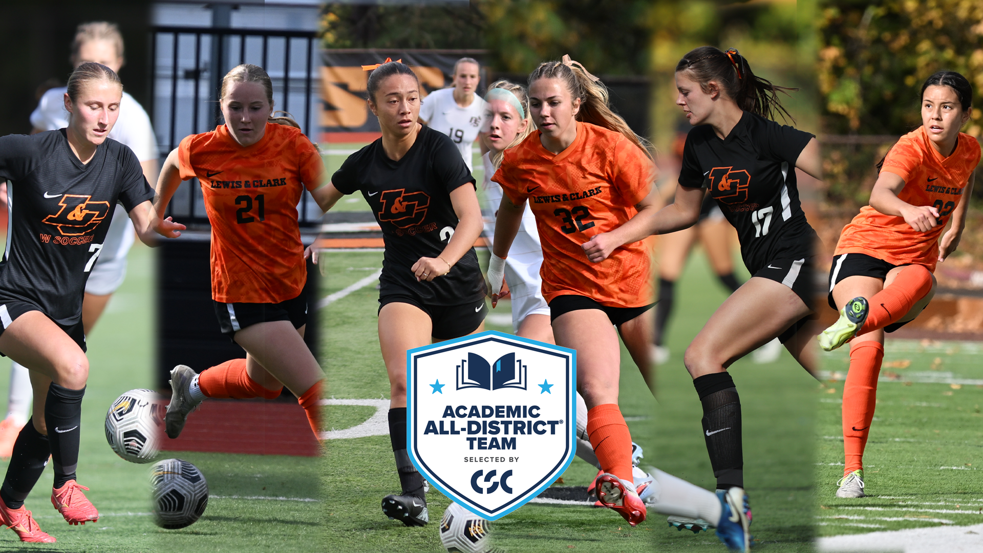 Iris Stutzman, Grace Smith, Kailani Pascua, Kate Meinhard, Mischa Vanek and Elle Sparks are in action on the soccer field. 