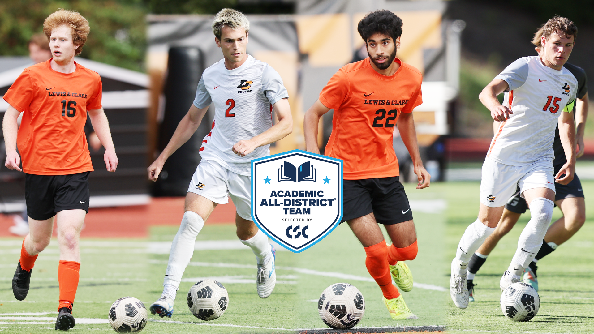 Four men's soccer players dribble the ball and look up field 