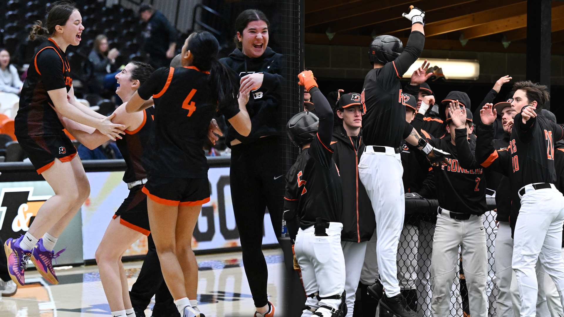 Women's Basketball (left) and Baseball (right) jump up and down to celebrate big plays