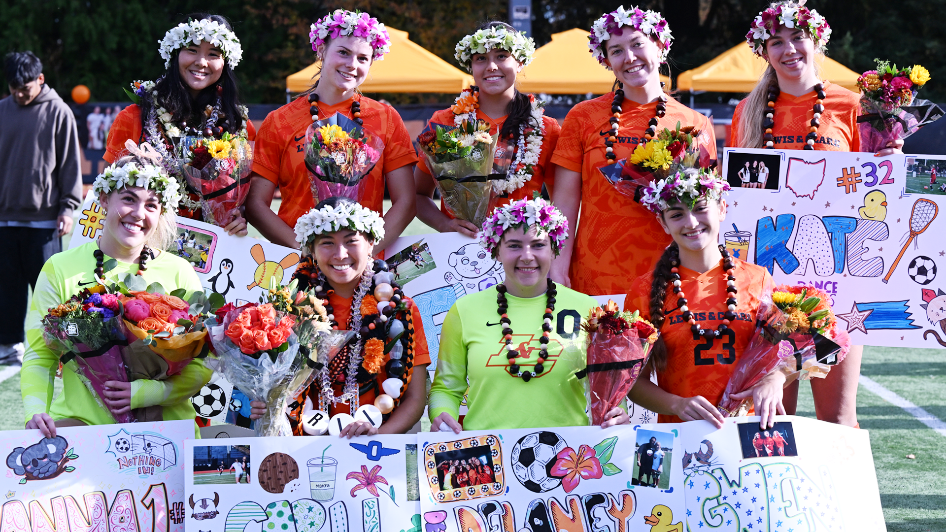 Women's Soccer's 2025 seniors pose for a group photo on Senior Day