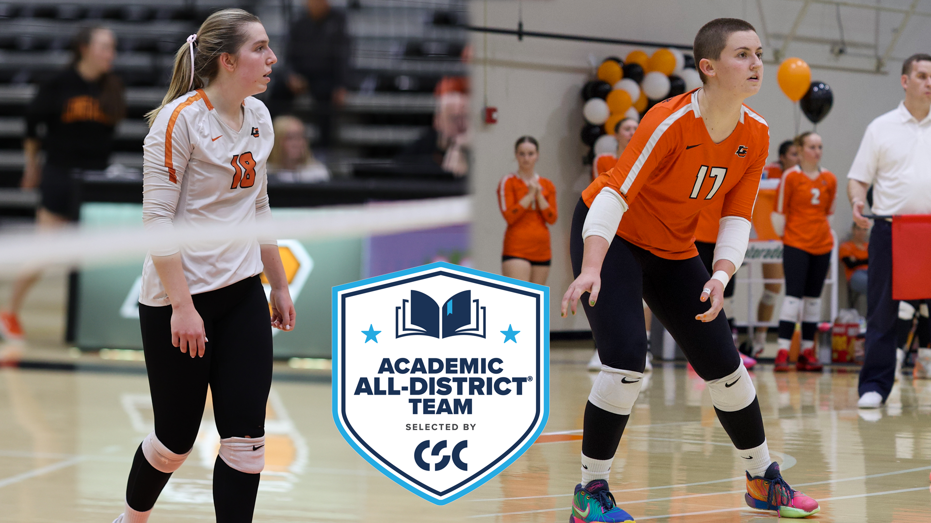 Ruby Kuerschner and Ainsley Mochrie prepare for serves on the volleyball court. 