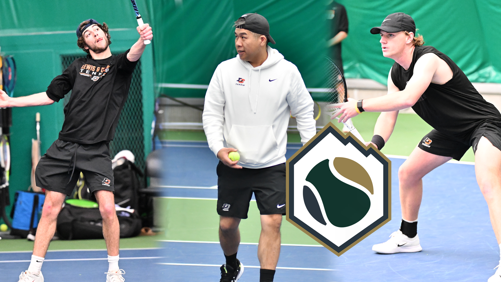 Noah Sutin, Jimmy Chau, Joey Lyon are shown left to right on the tennis court.