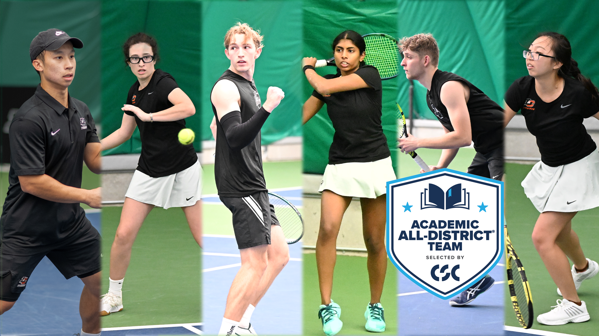 From left to right Matt Chio, Hayley Kreps, Wade McDermott, Susanna Anand, Spencer Loucks and Kacie Lau on the tennis court.