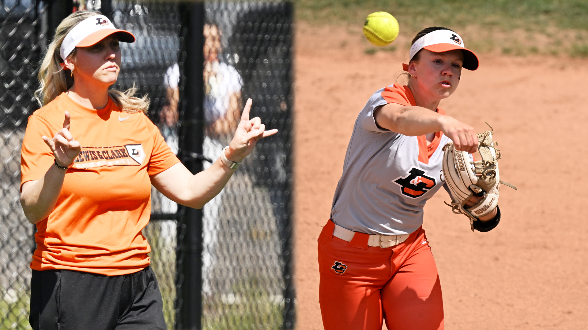 Head coach Shawna Cyrus gives the signs at third base (left) and Emily Patton throws the ball to first (right)