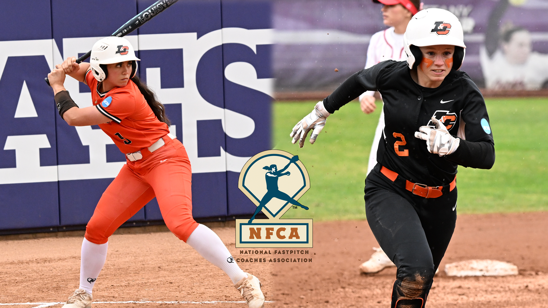 Sam Gildersleeve stands in the batter's box (left) and Emily Patton runs towards third base (right)