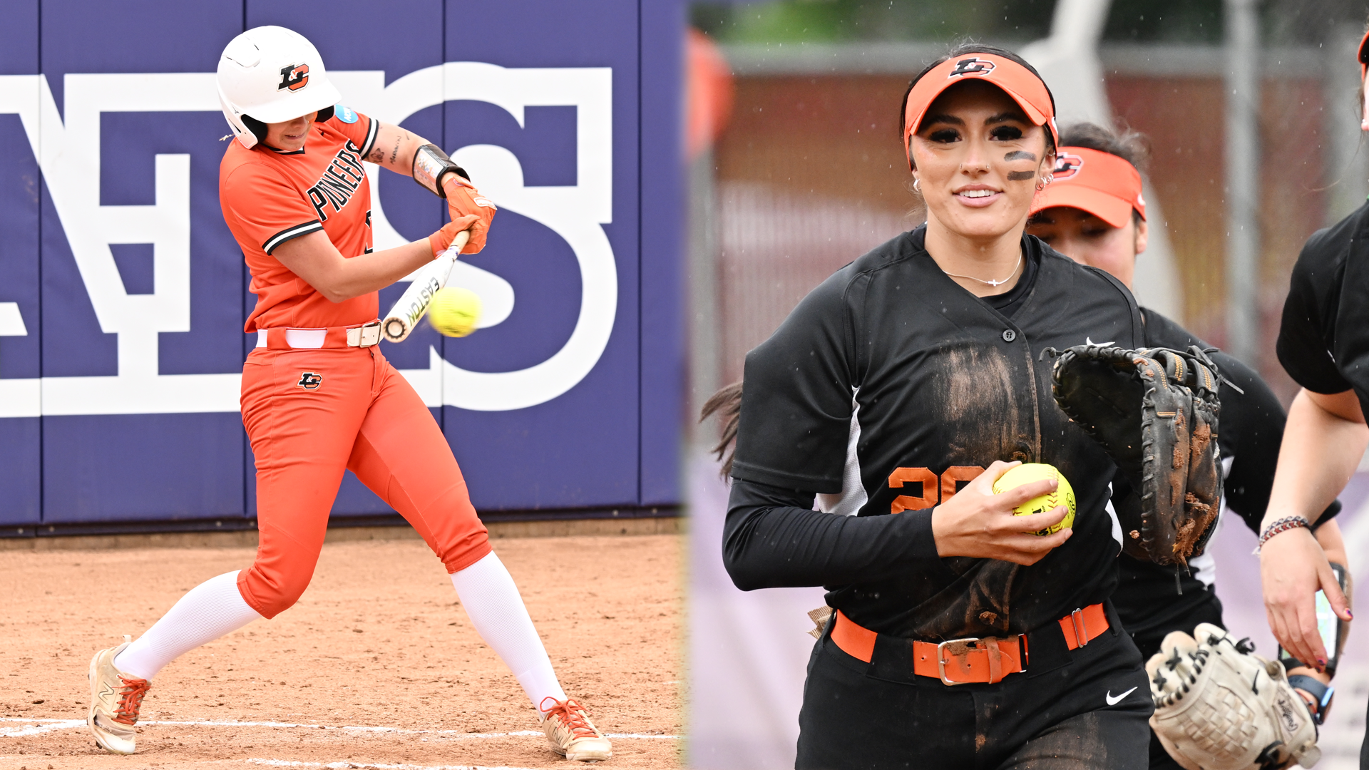 Lacey Marglin swings at a pitch on the left and Mari Alvarez runs back towards the dugout with the ball on the right